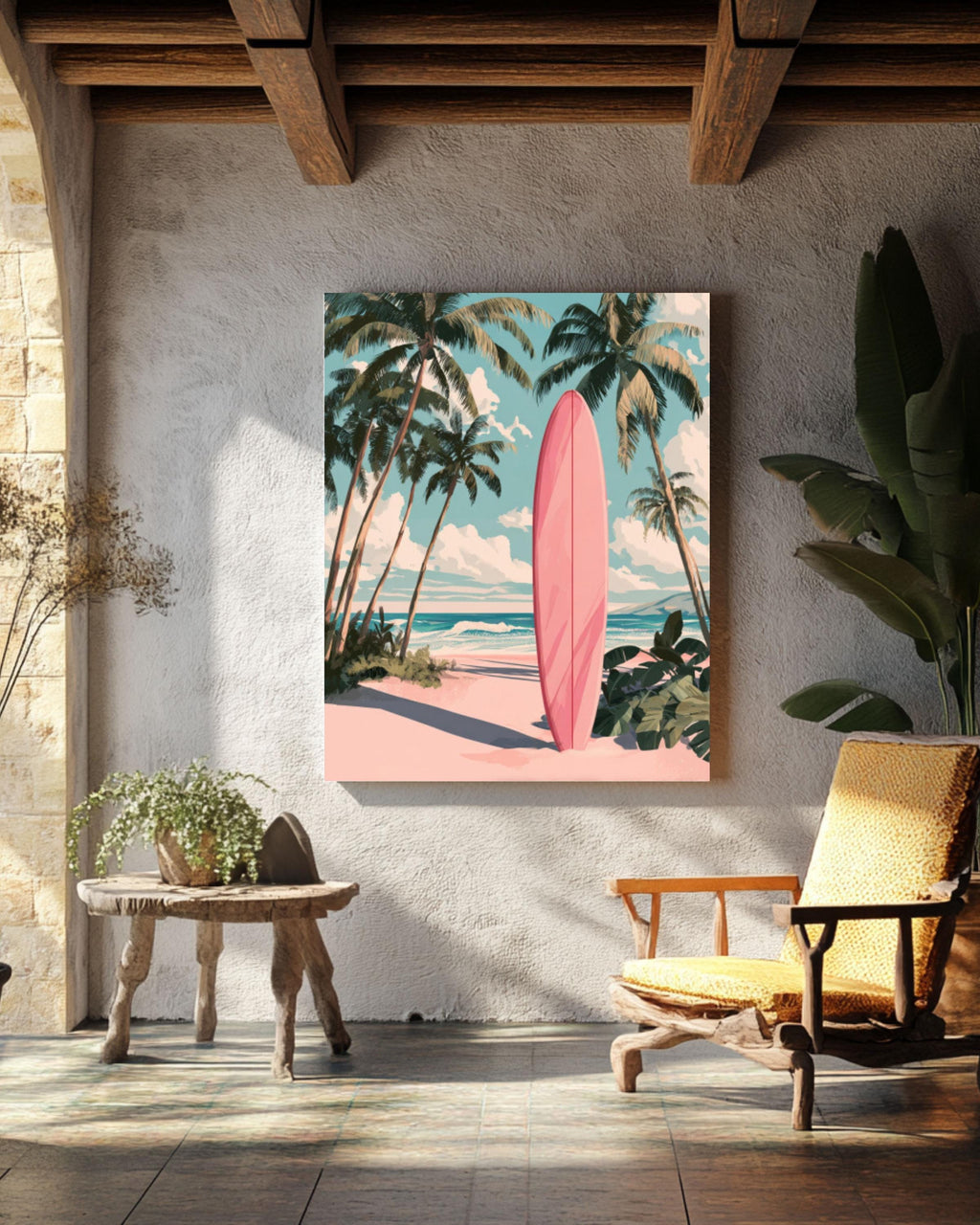 Vintage Pink Surfboard Wall Art Print | Retro Beach Palm Tree Poster