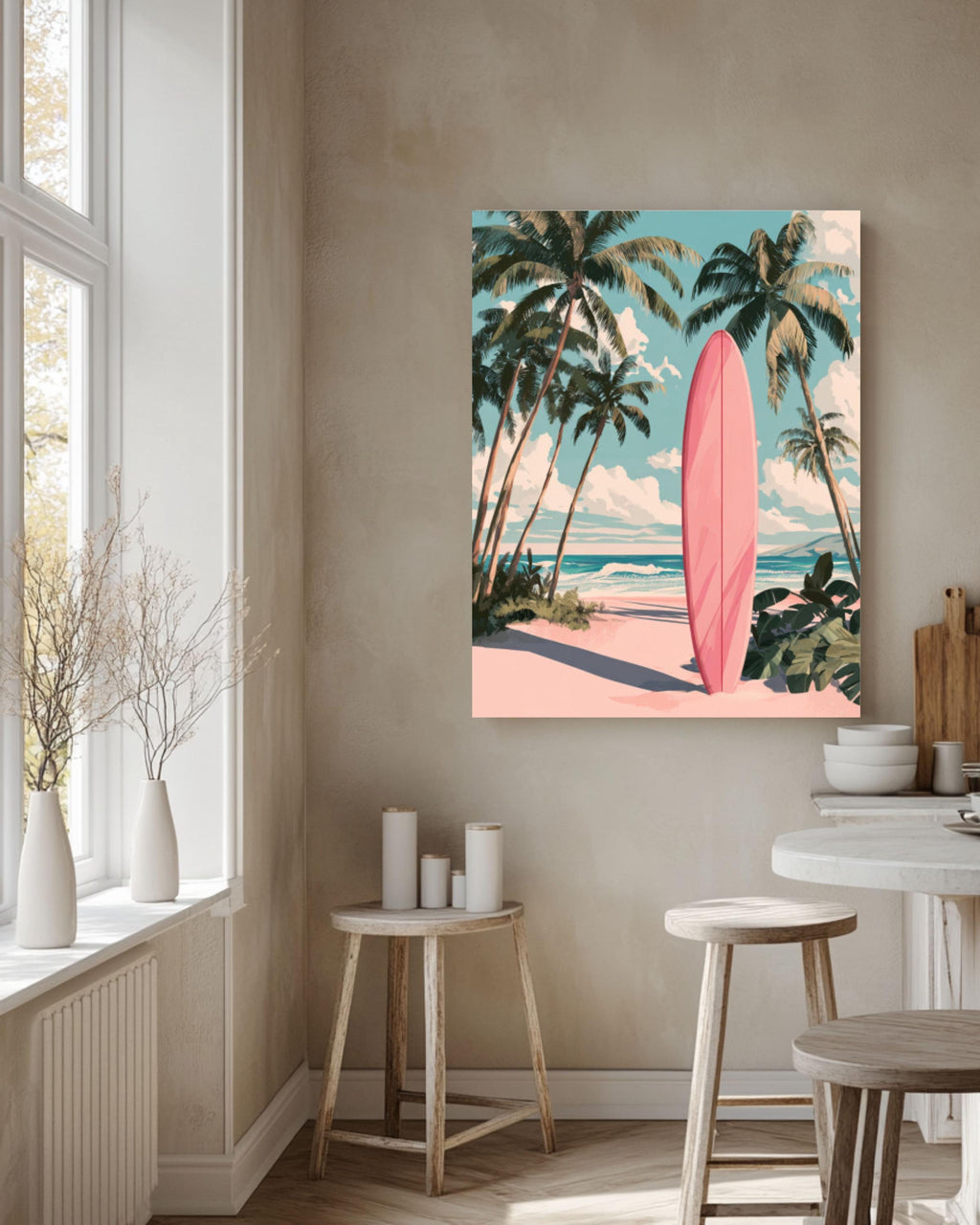Vintage Pink Surfboard Wall Art Print | Retro Beach Palm Tree Poster