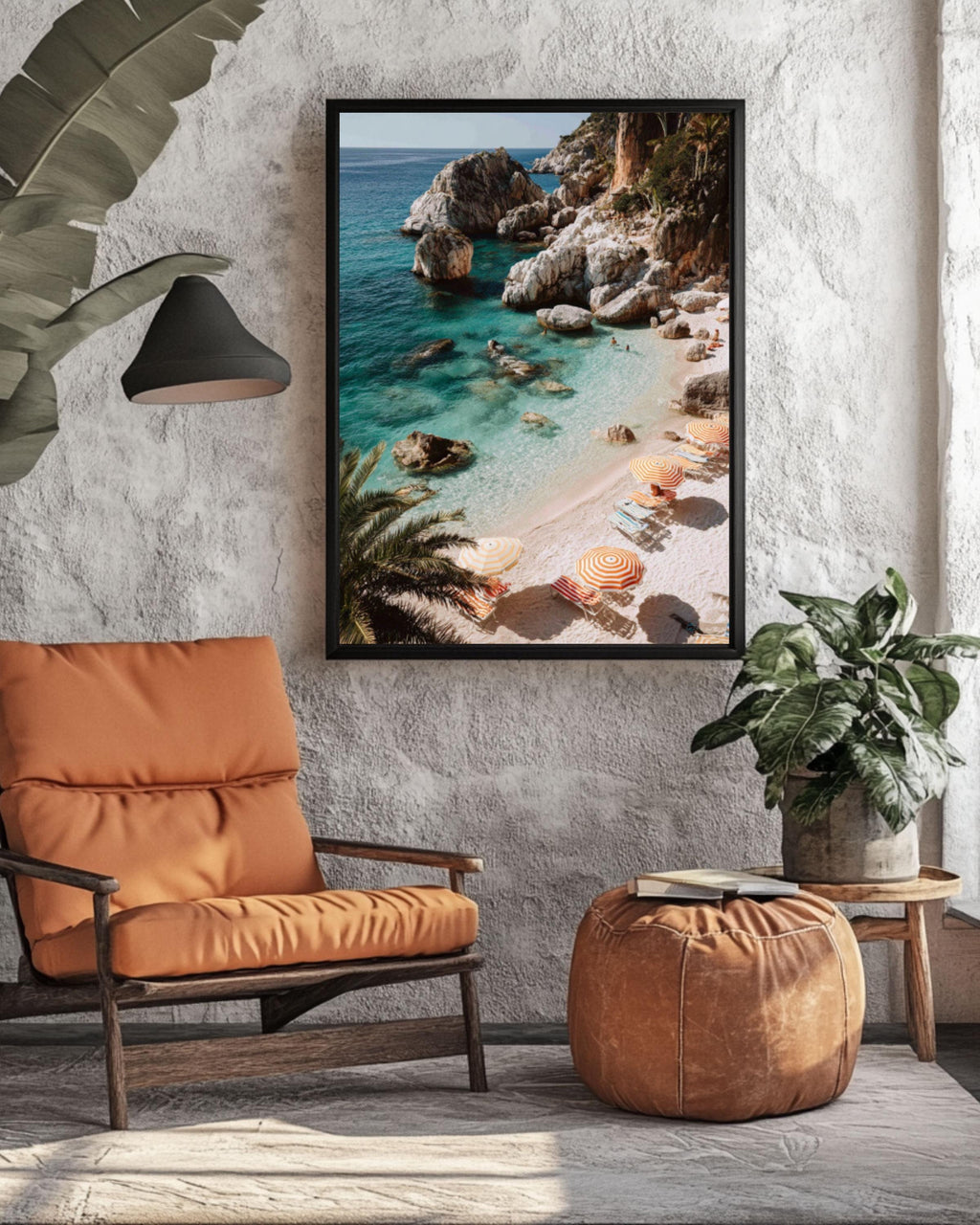 Italian Beach Cove Wall Art | Turquoise Sea Striped Umbrellas Canvas