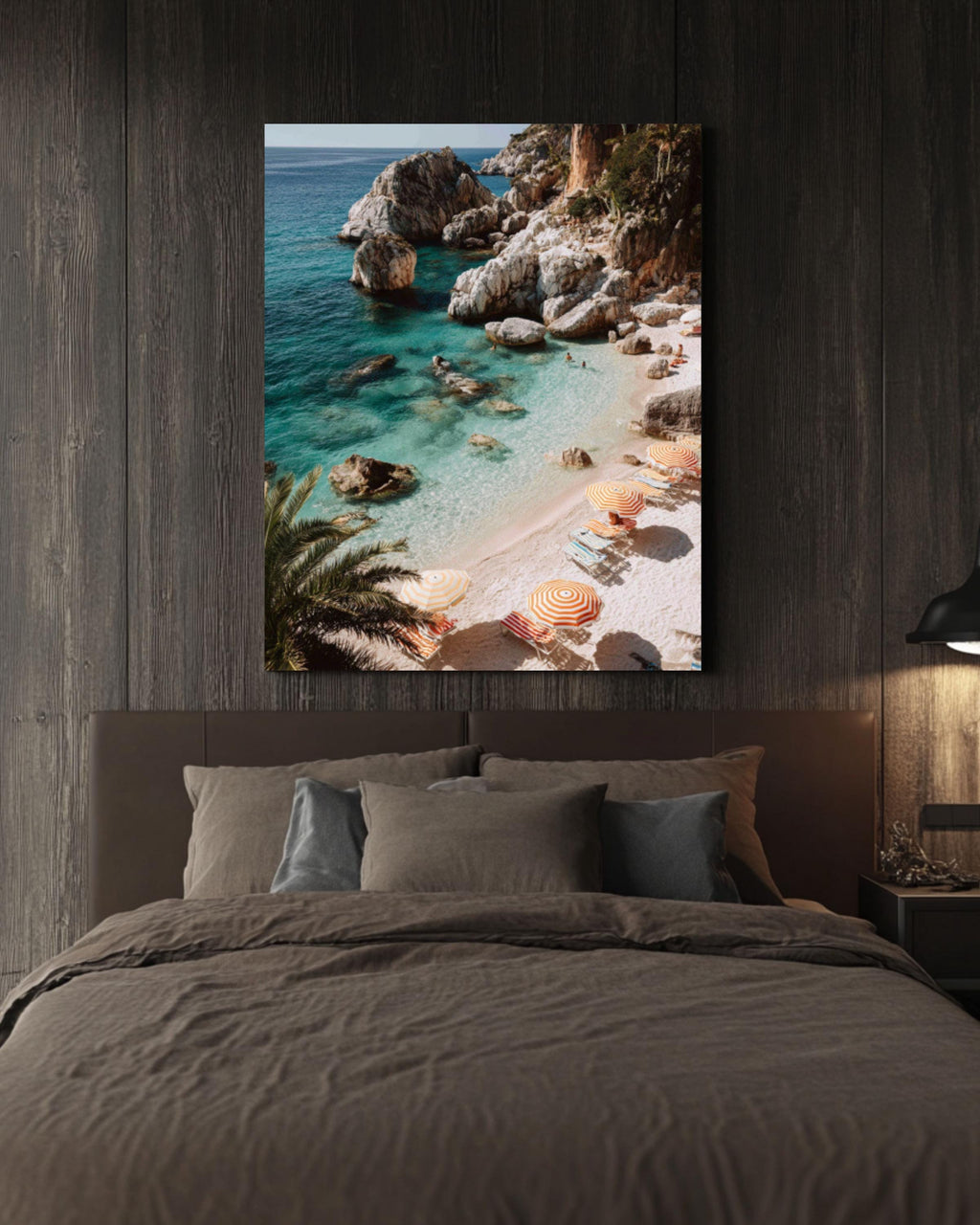 Italian Beach Cove Wall Art | Turquoise Sea Striped Umbrellas Canvas