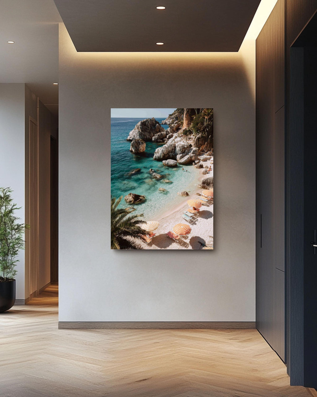 Italian Beach Cove Wall Art | Turquoise Sea Striped Umbrellas Canvas