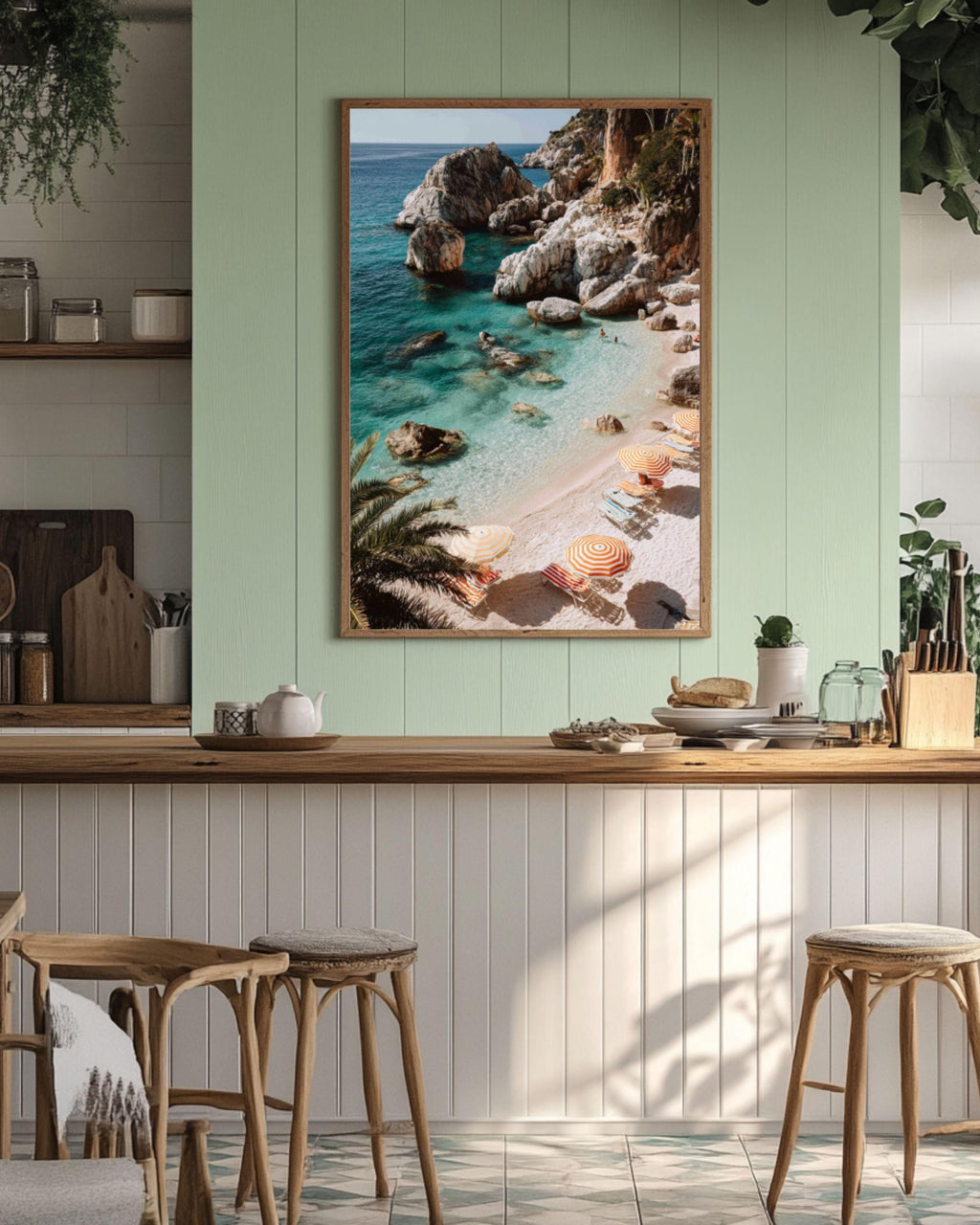 Italian Beach Cove Photo: Turquoise Sea, Striped Umbrellas - Coastal Wall Art for home and office wall décor