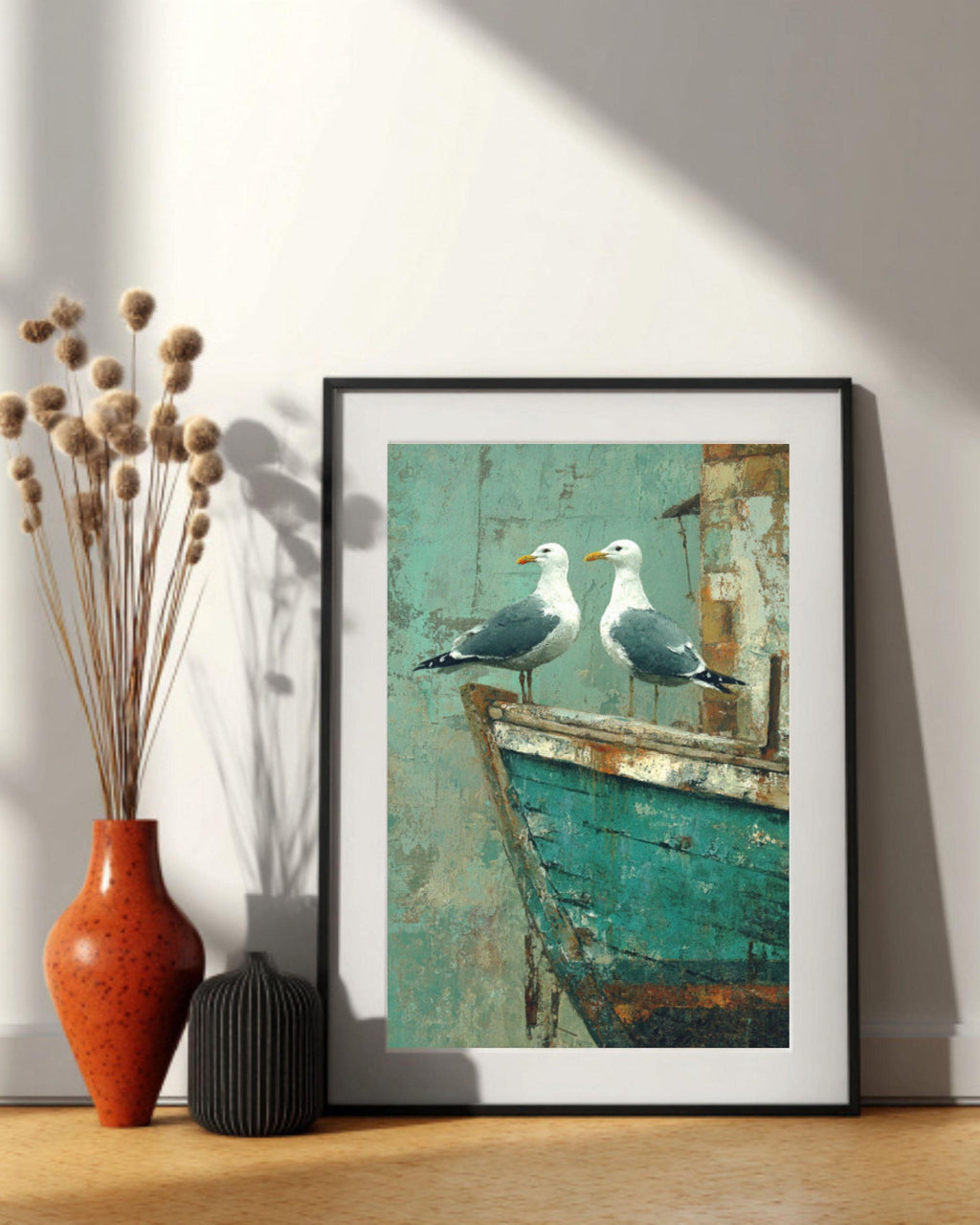 Seagulls on Teal Boat Wall Art | Rustic Coastal Farmhouse Canvas Print