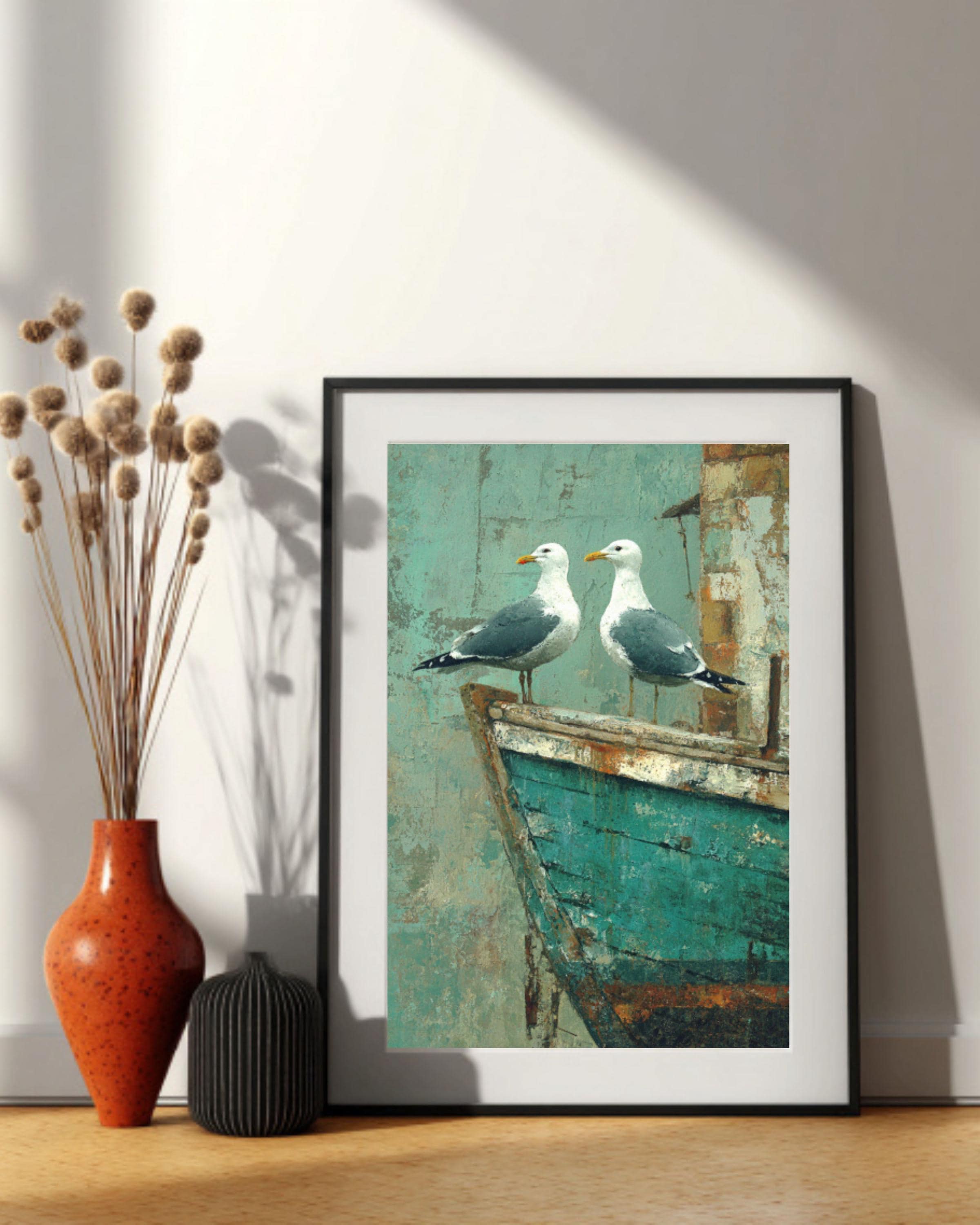 Seagulls on Teal Boat Wall Art | Rustic Coastal Farmhouse Canvas Print