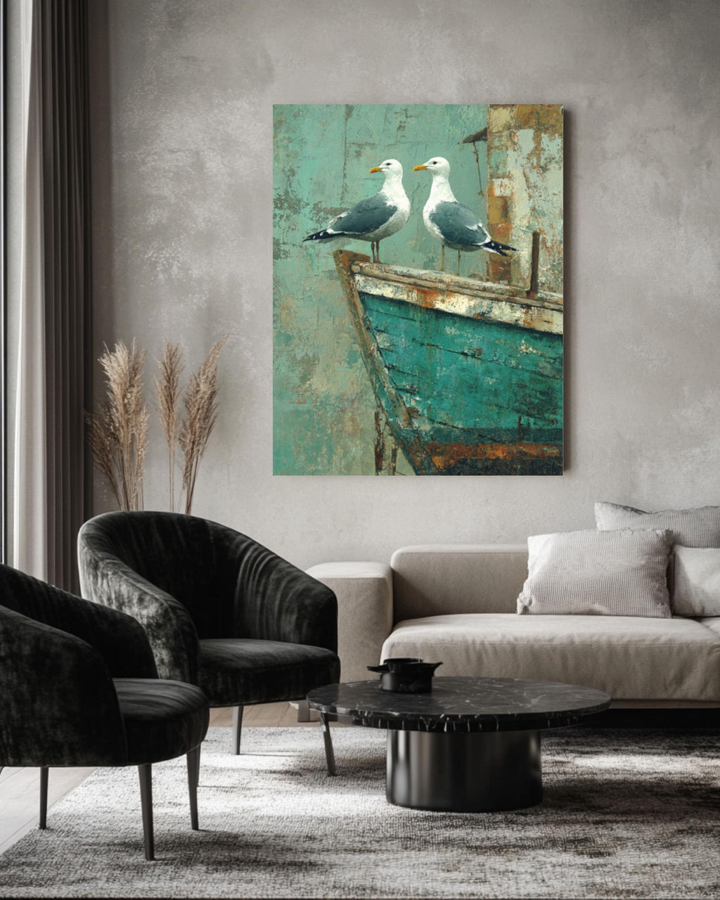Seagulls on Teal Boat Wall Art | Rustic Coastal Farmhouse Canvas Print