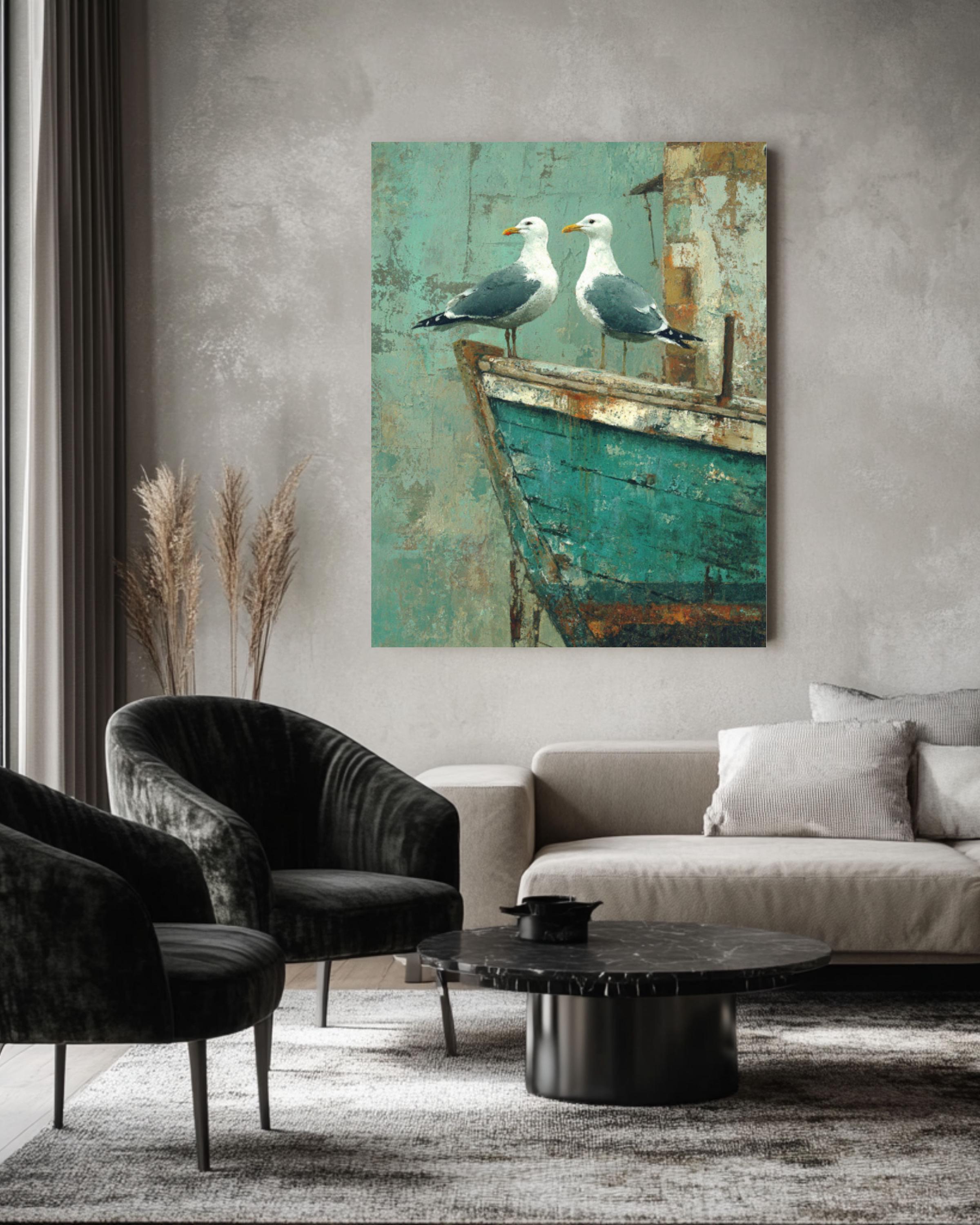 Seagulls on Teal Boat Wall Art | Rustic Coastal Farmhouse Canvas Print