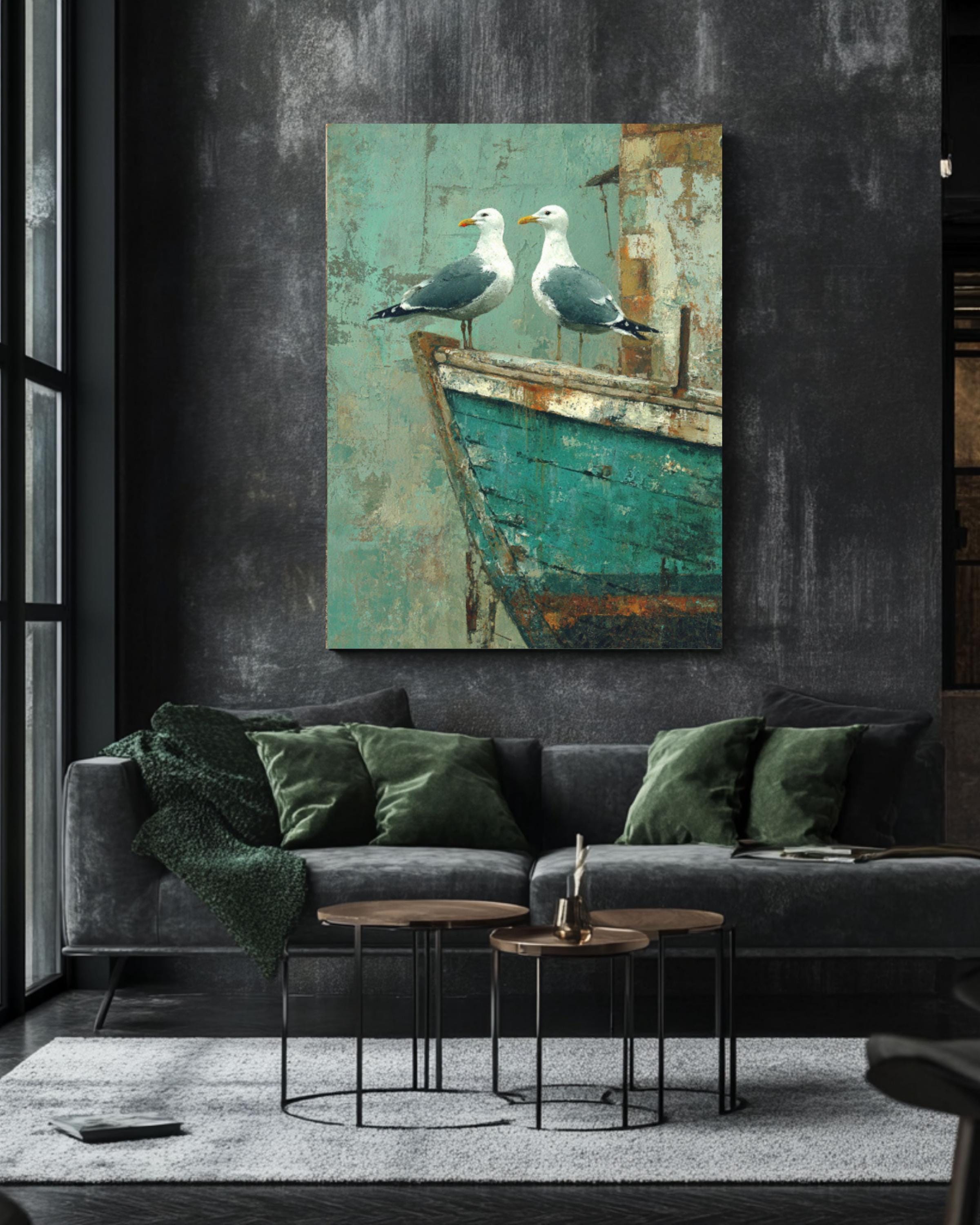 Seagulls on Teal Boat Wall Art | Rustic Coastal Farmhouse Canvas Print