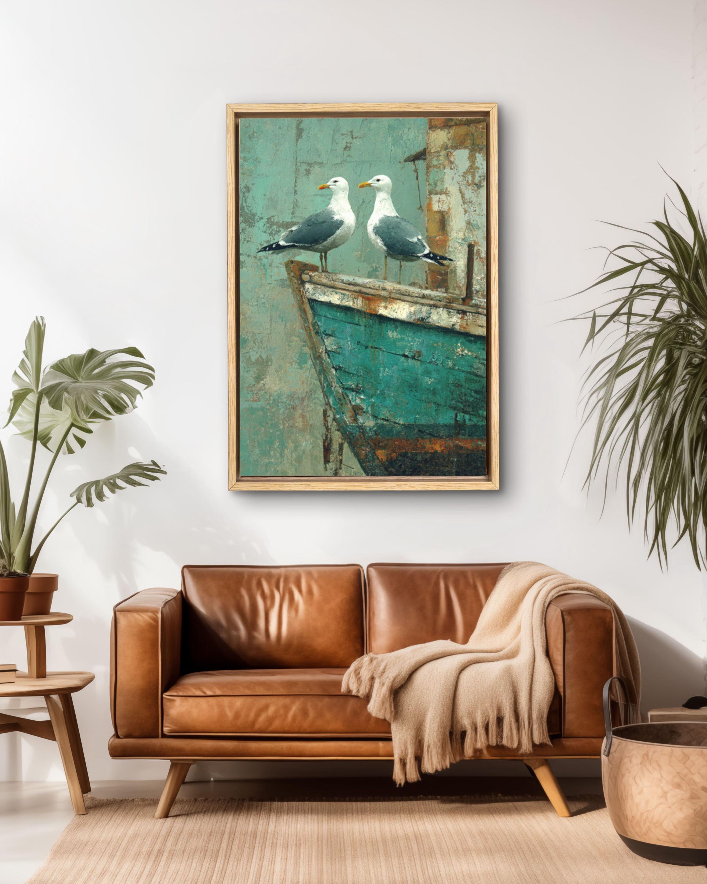 Seagulls on Teal Boat Wall Art | Rustic Coastal Farmhouse Canvas Print