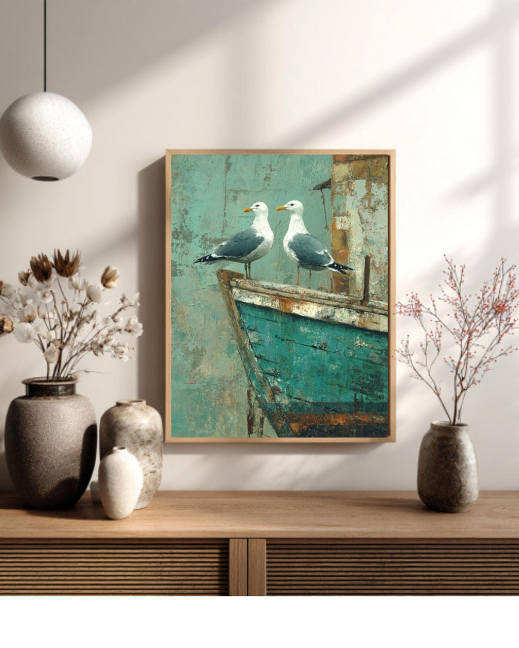 Seagulls on Teal Boat Print: Rustic Coastal Farmhouse Wall Art for home and office wall décor