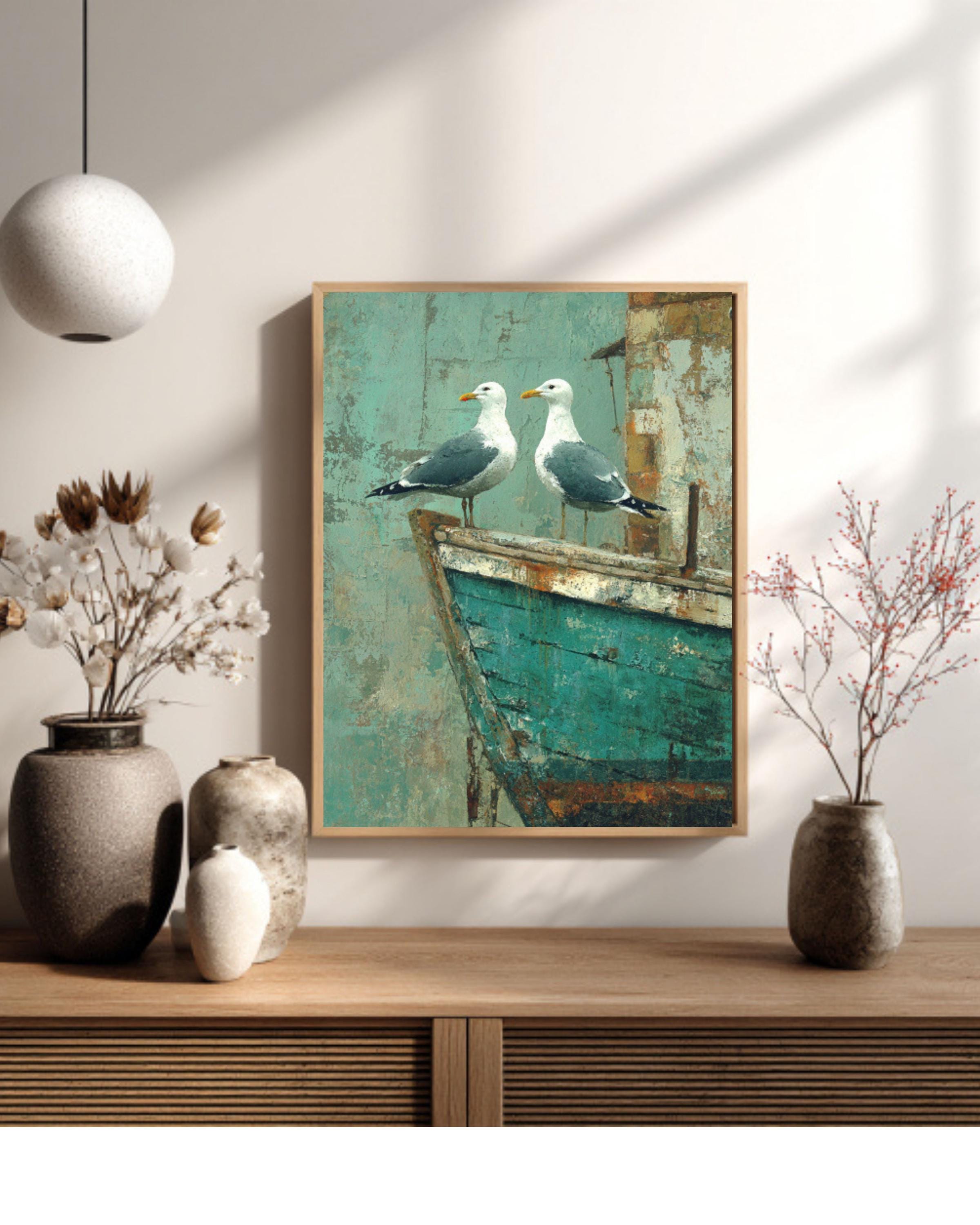 Seagulls on Teal Boat Print: Rustic Coastal Farmhouse Wall Art for home and office wall décor