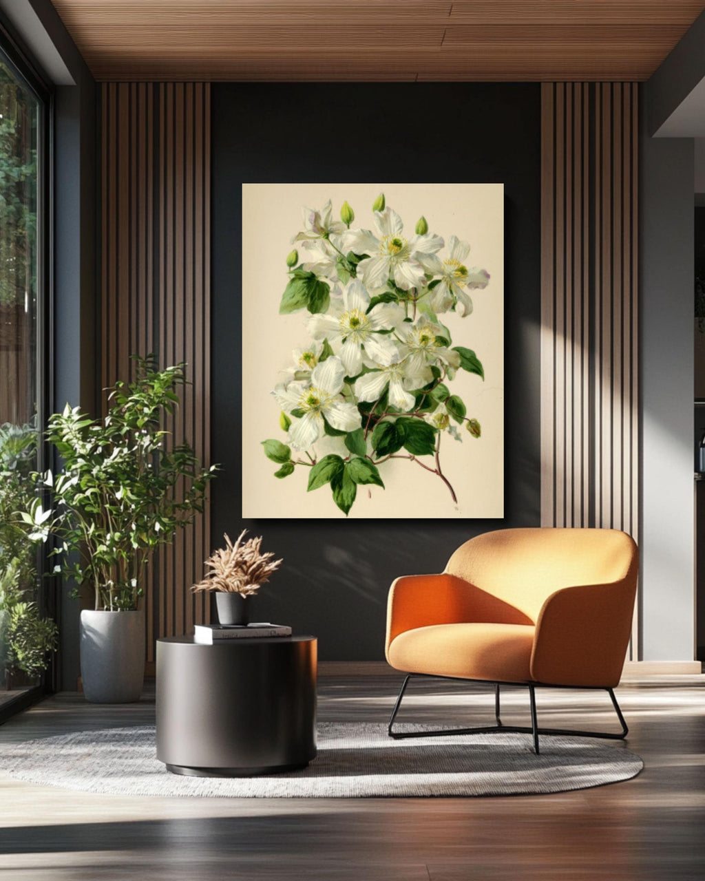 Vintage Clematis Botanical Wall Art | Cream Floral Canvas Print