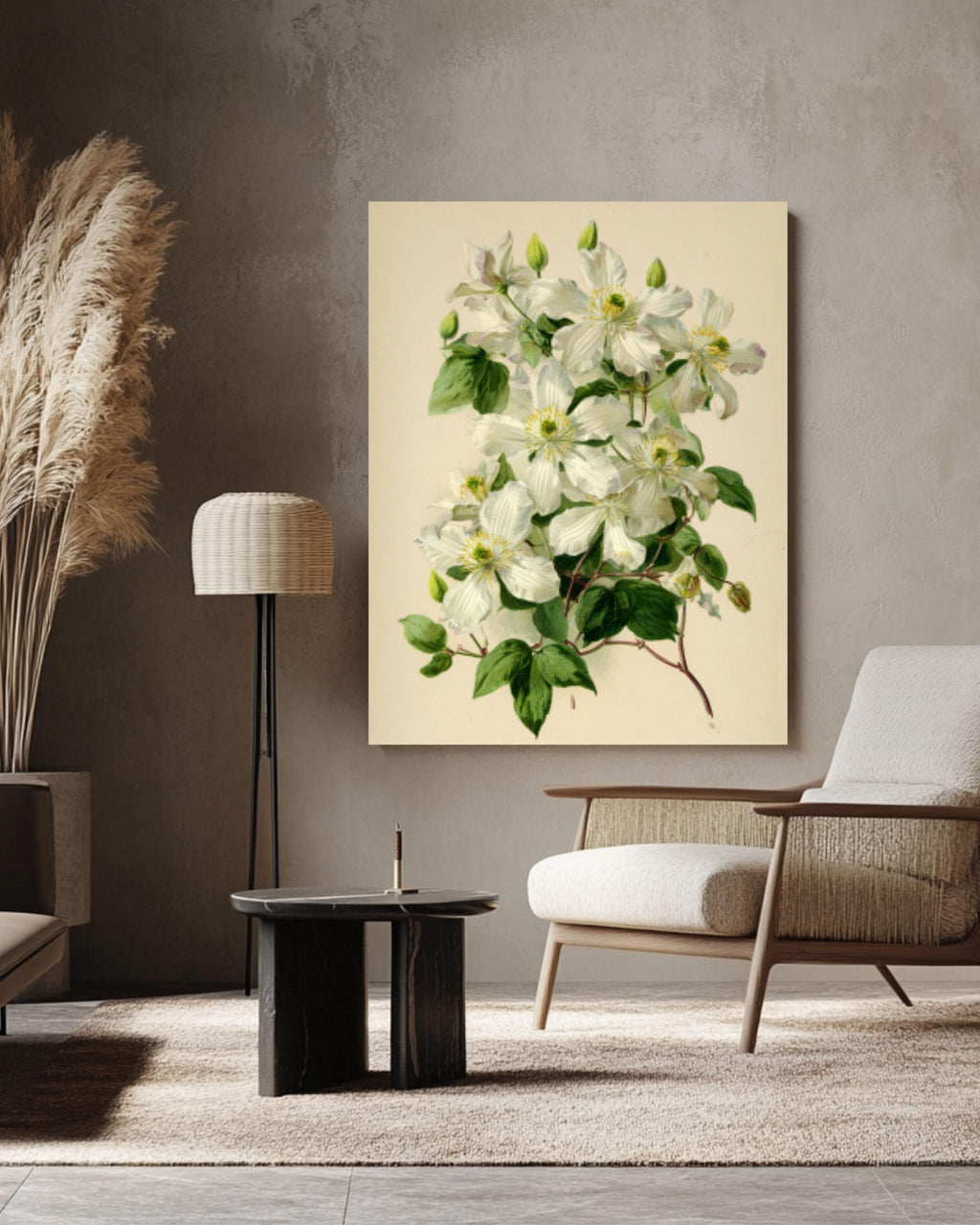 Vintage Clematis Botanical Print: Cream Floral Wall Art for home and office wall décor