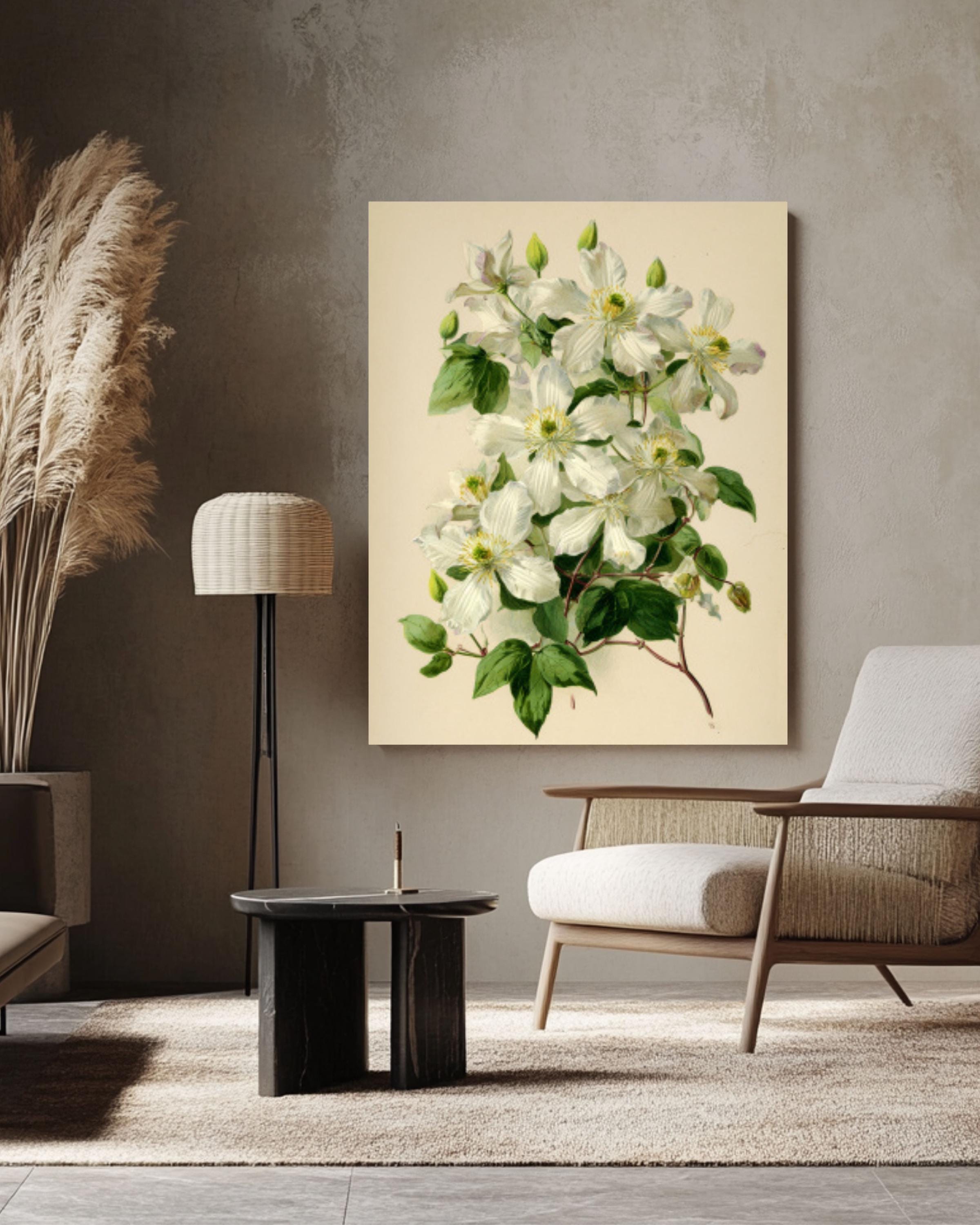 Vintage Clematis Botanical Print: Cream Floral Wall Art for home and office wall décor