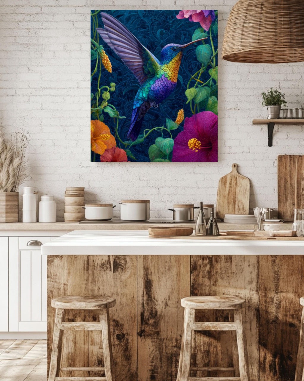Hummingbird Tropical Flowers Wall Art | Dark Blue Canvas Print