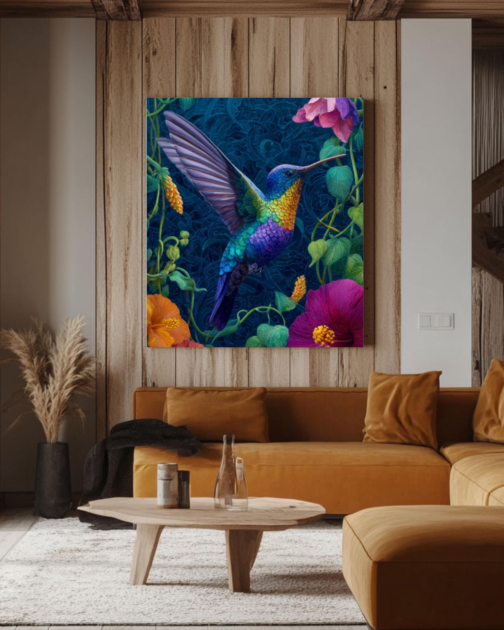 Hummingbird Tropical Flowers Wall Art | Dark Blue Canvas Print