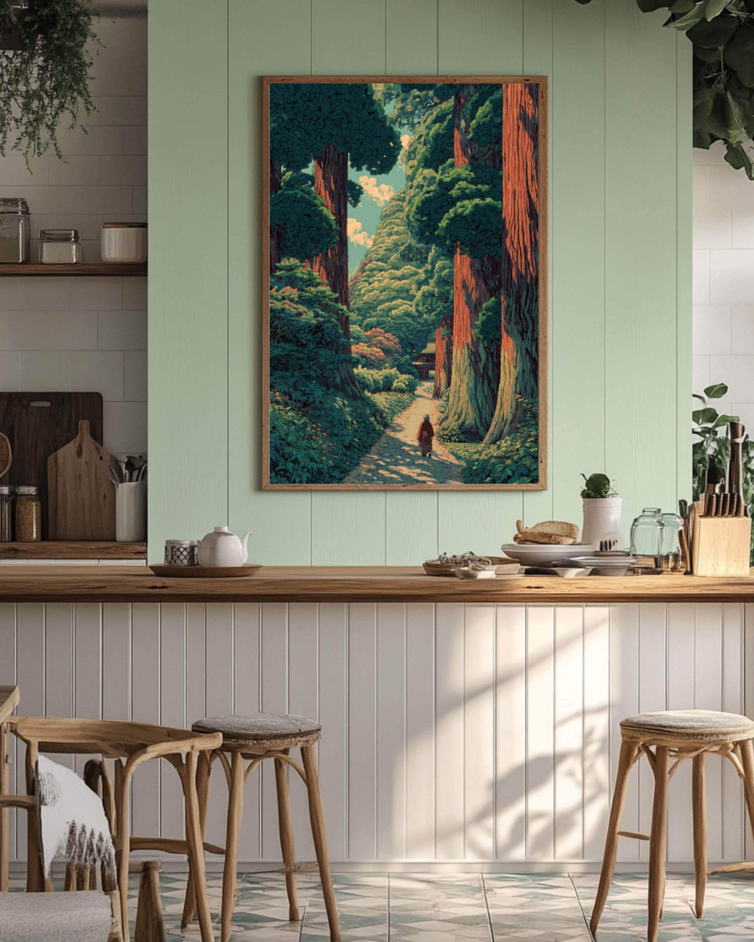 Redwood Forest Wall Art | Japanese Woodblock Style Landscape Canvas