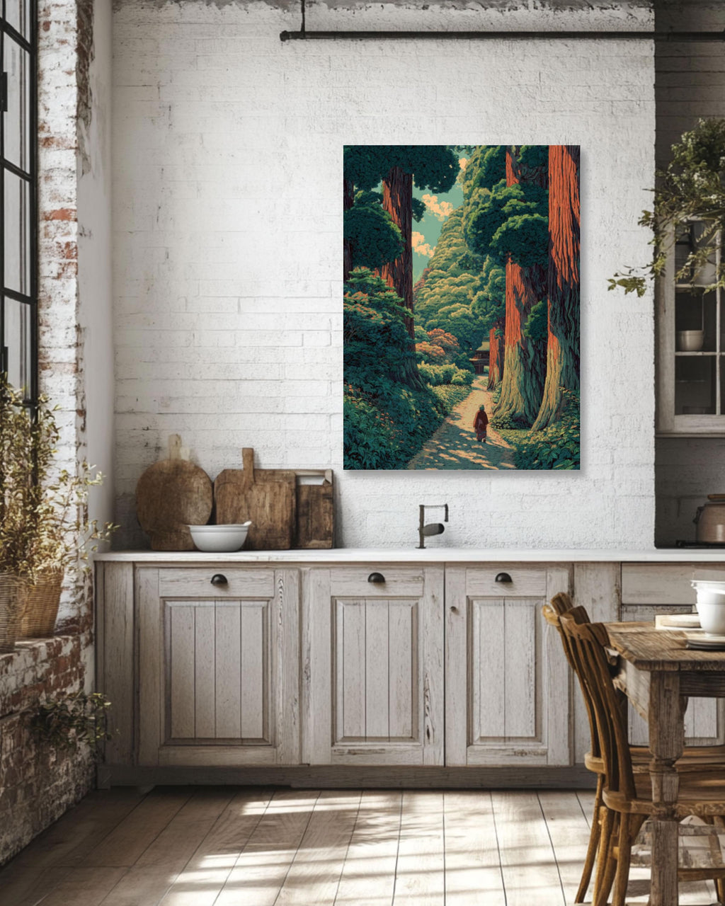 Redwood Forest Wall Art | Japanese Woodblock Style Landscape Canvas