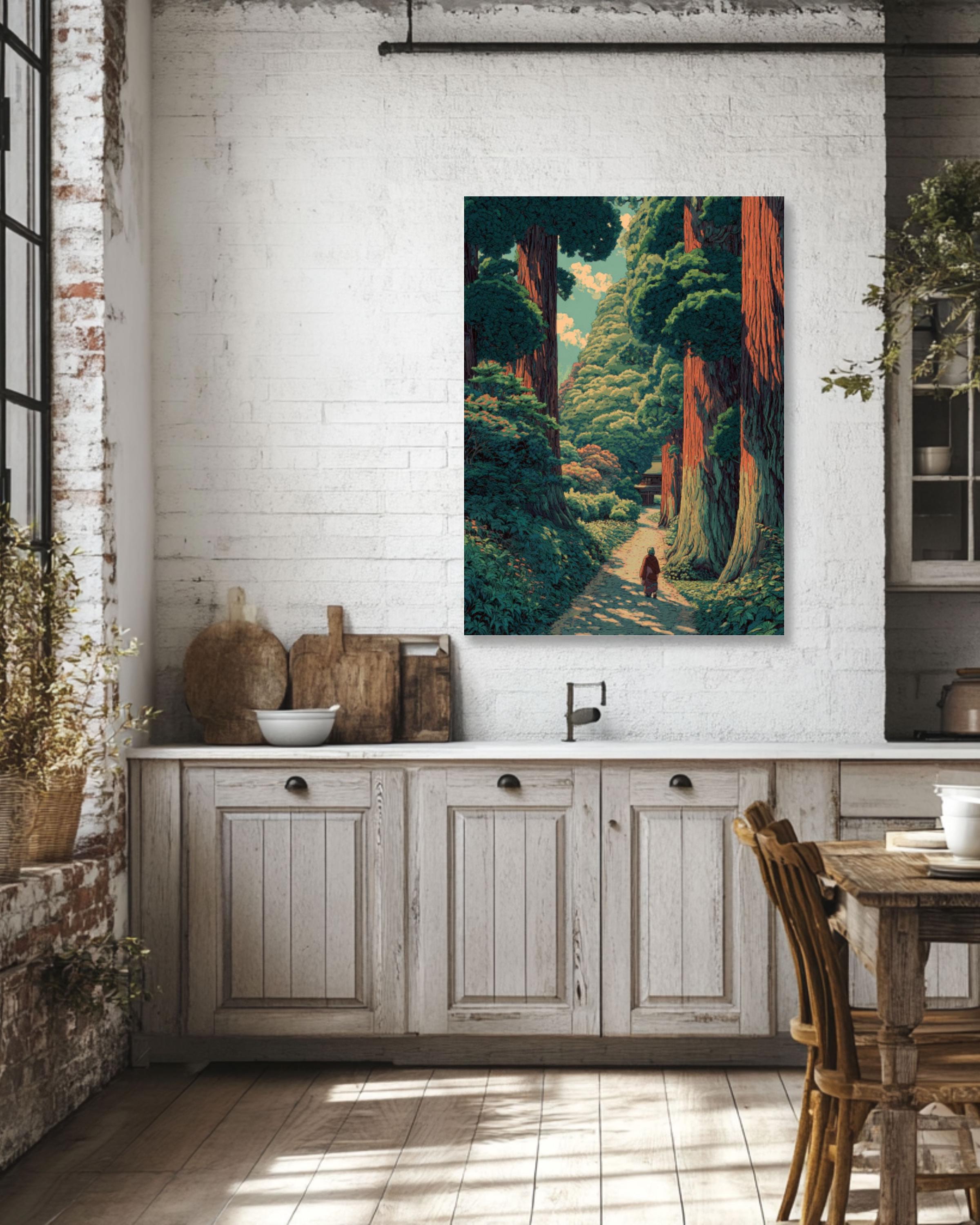 Redwood Forest Wall Art | Japanese Woodblock Style Landscape Canvas