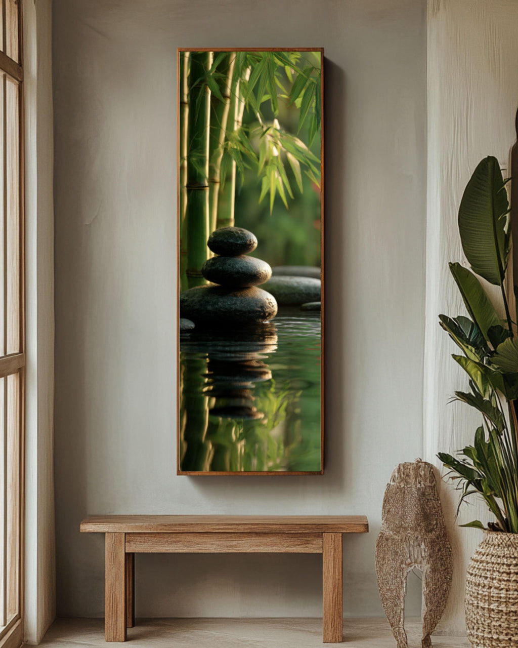 Zen Garden Stacked Stones Wall Art | Bamboo & Water Canvas Print