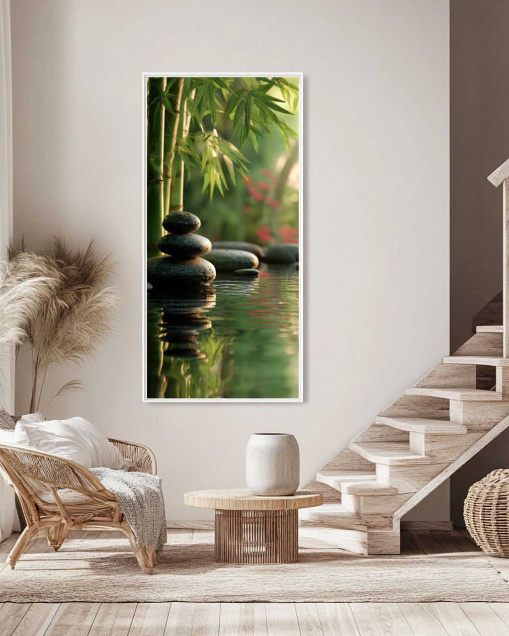 Zen Garden Stacked Stones Wall Art | Bamboo & Water Canvas Print