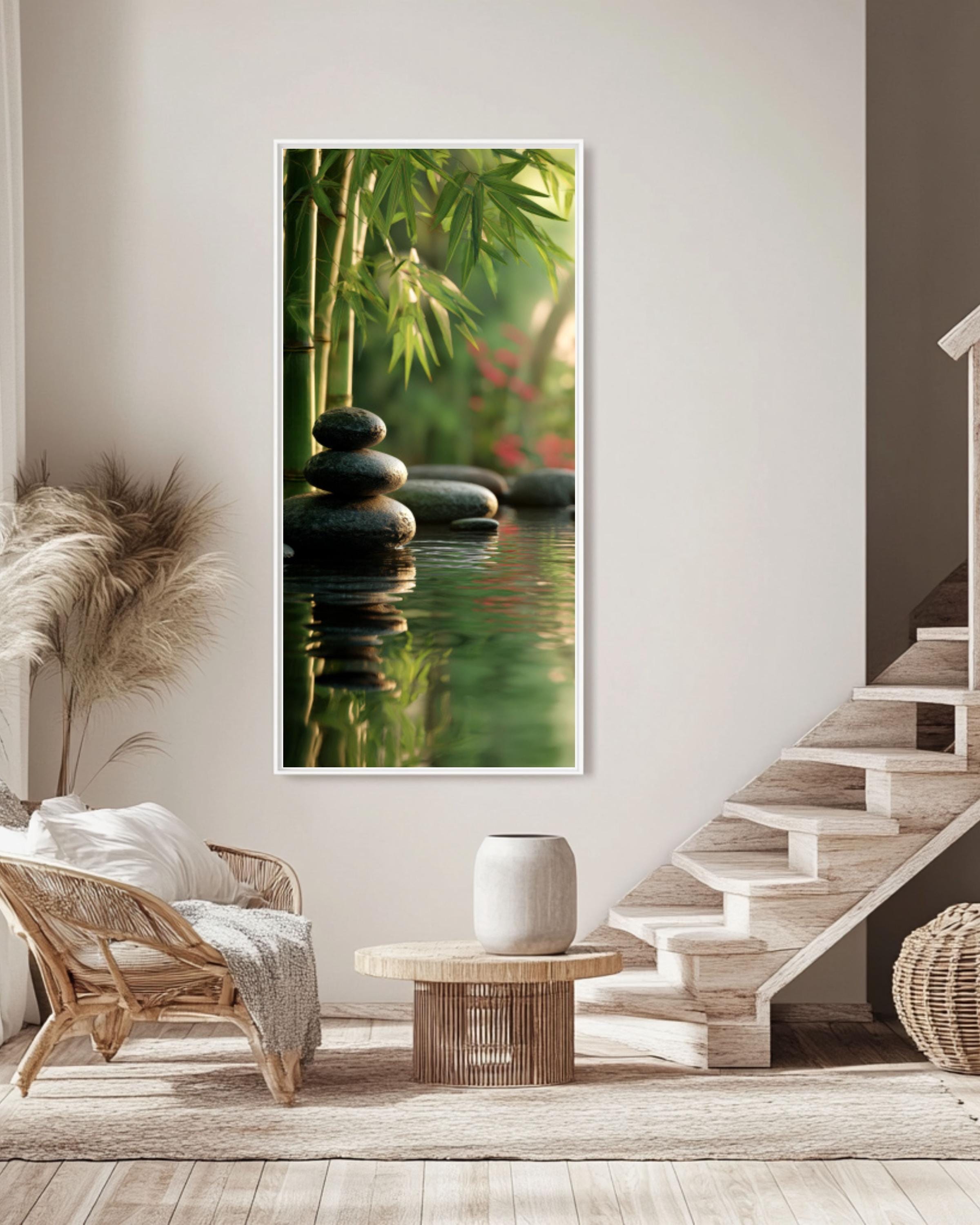 Zen Garden Stacked Stones Wall Art | Bamboo & Water Canvas Print