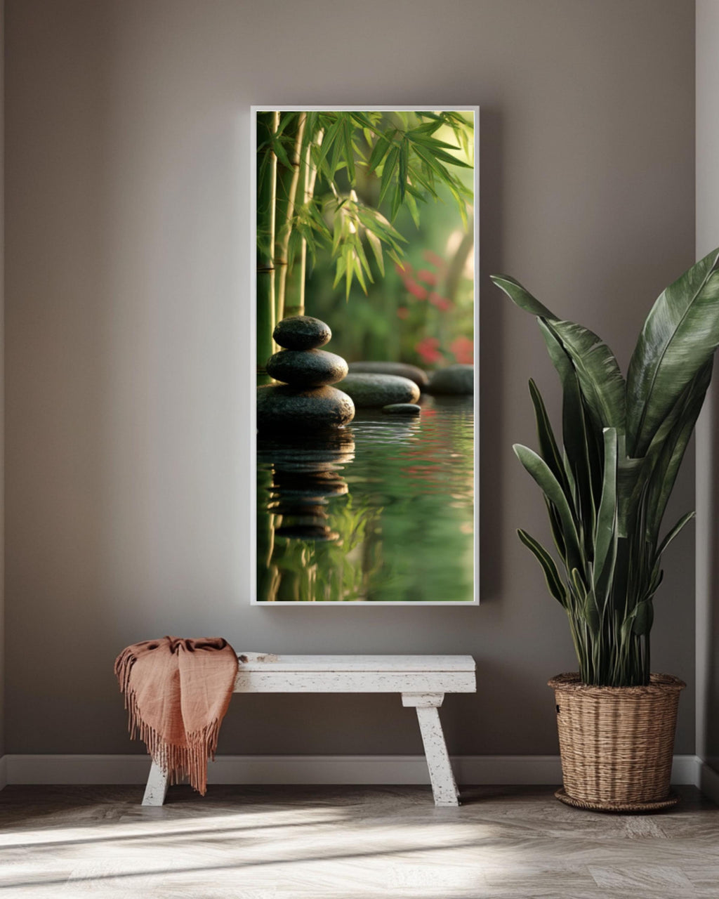 Zen Garden Stacked Stones Wall Art | Bamboo & Water Canvas Print