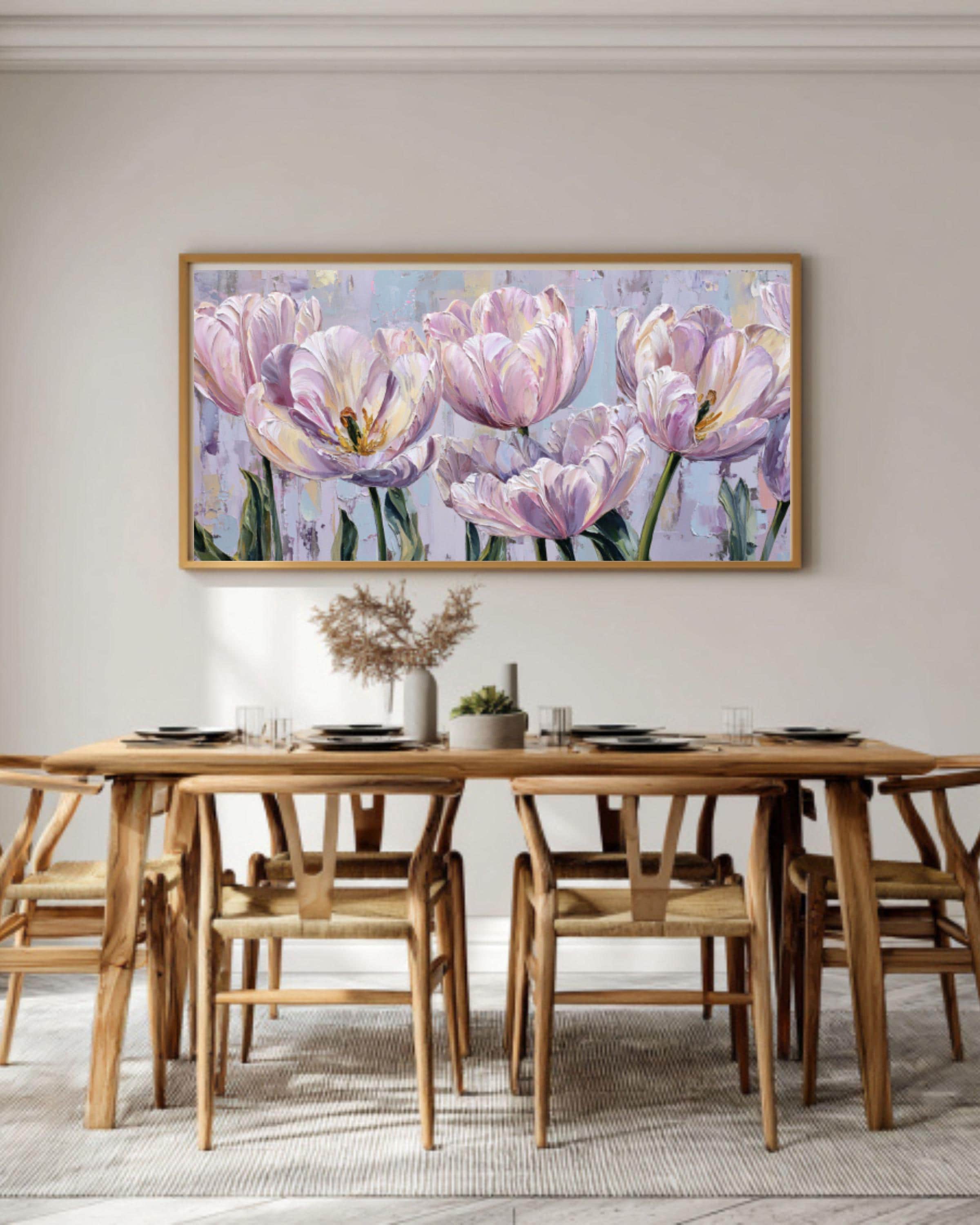 Pastel Tulip Oil Painting: Punk-Inspired Floral Canvas Wall Art for home and office wall décor