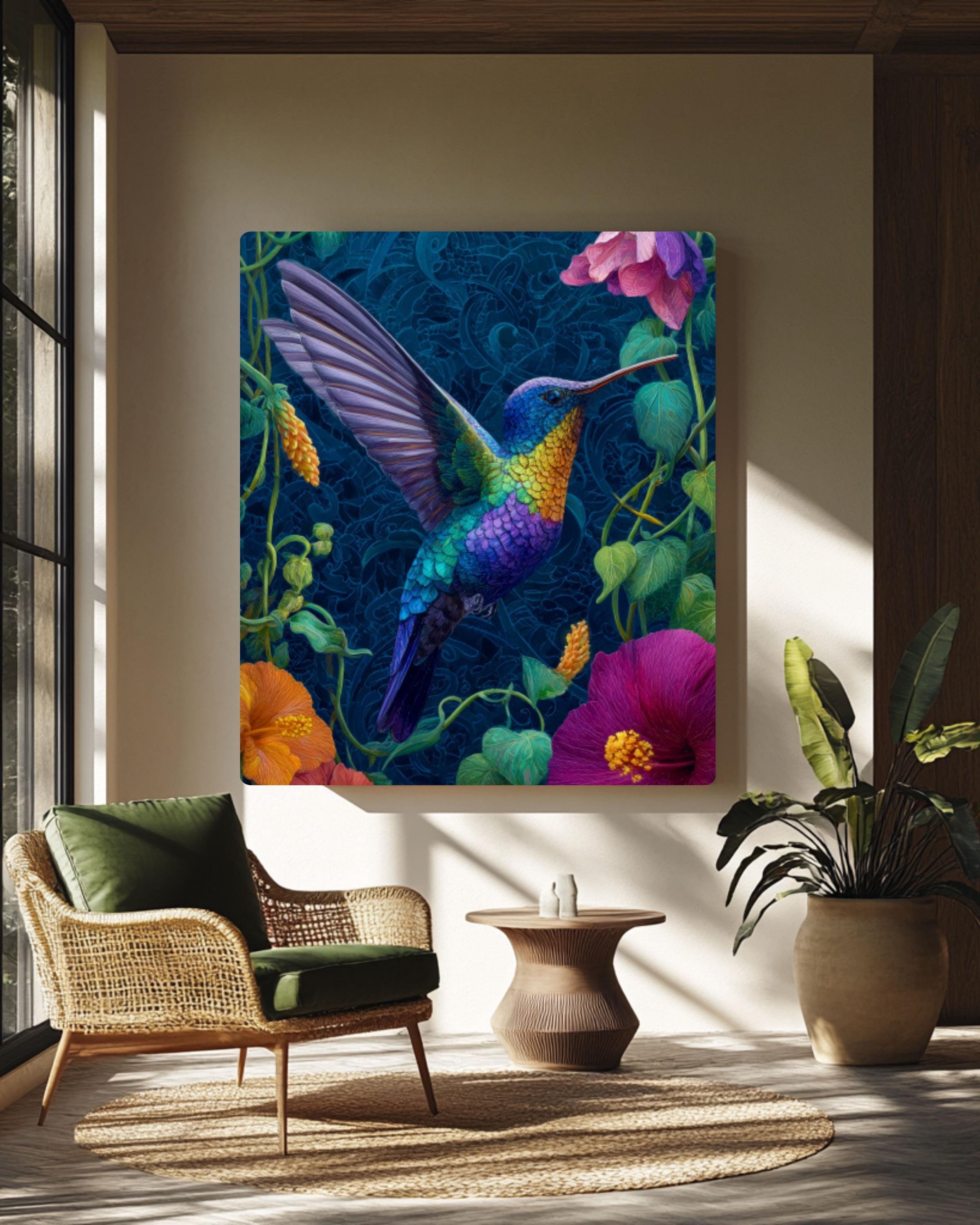 Hummingbird Oil Painting: Tropical Flowers, Dark Blue Background - Canvas or Poster for home and office wall décor
