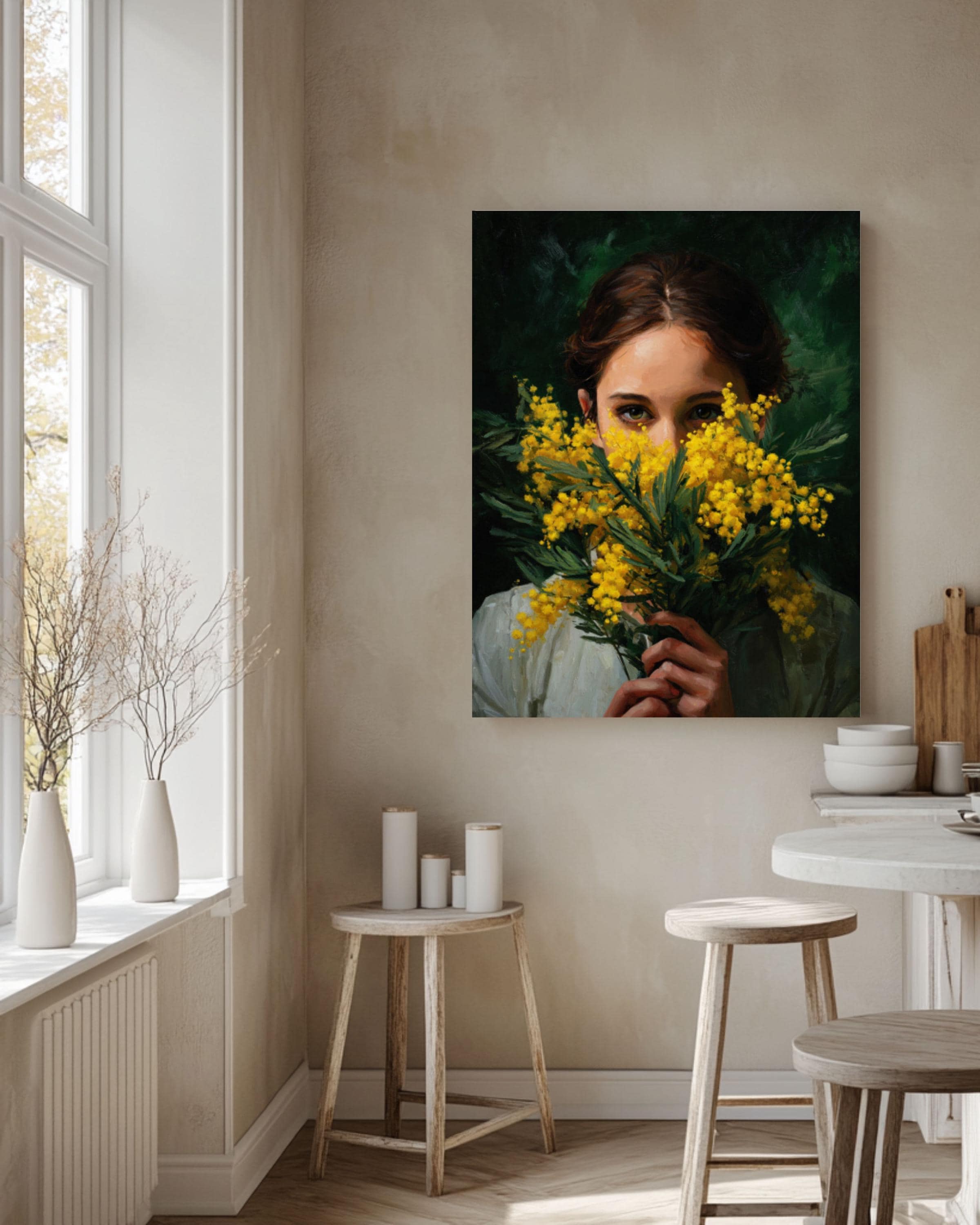 Mimosa Flower Woman Portrait Wall Art | Dark Botanical Canvas Print