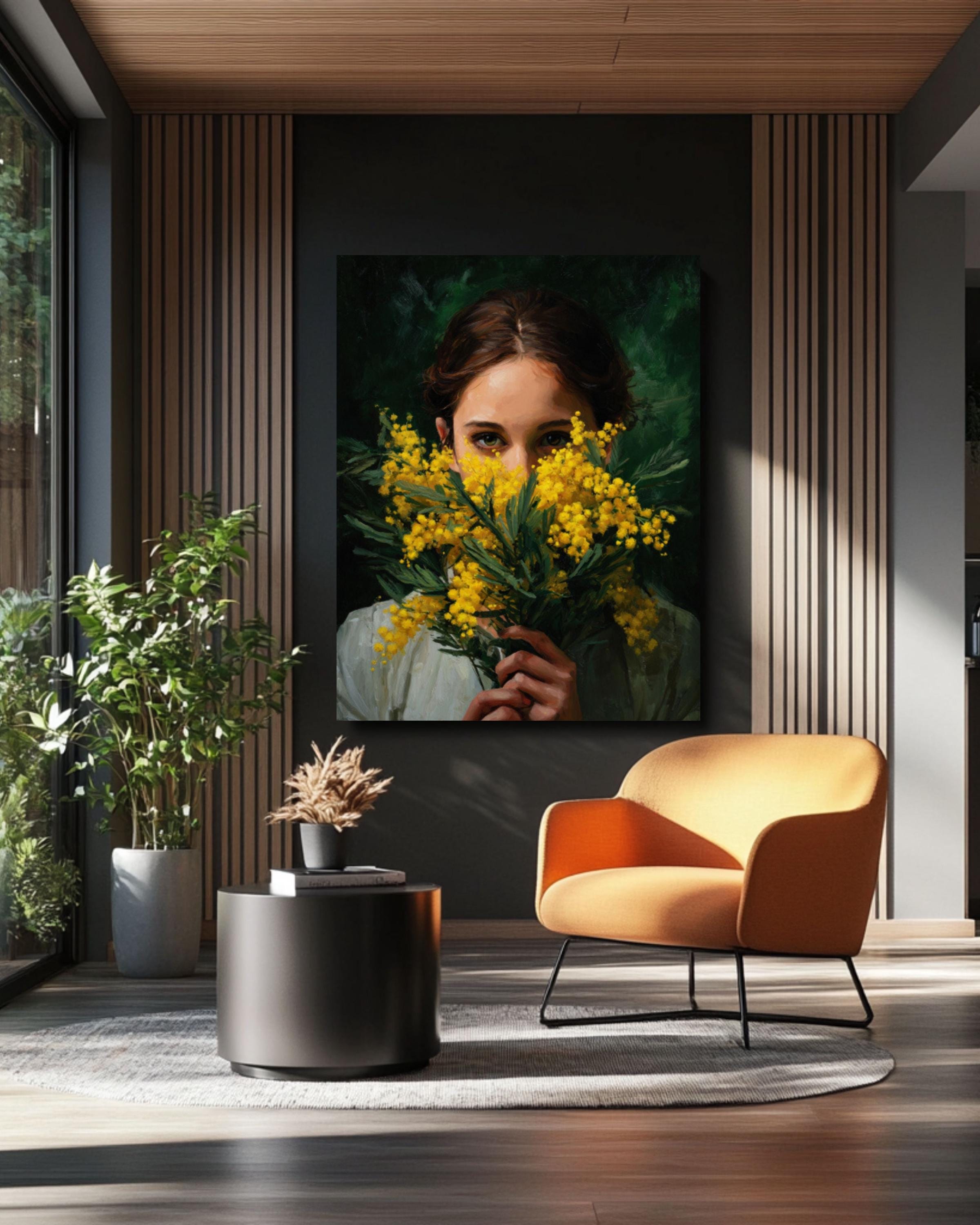 Mimosa Flower Woman Portrait Wall Art | Dark Botanical Canvas Print