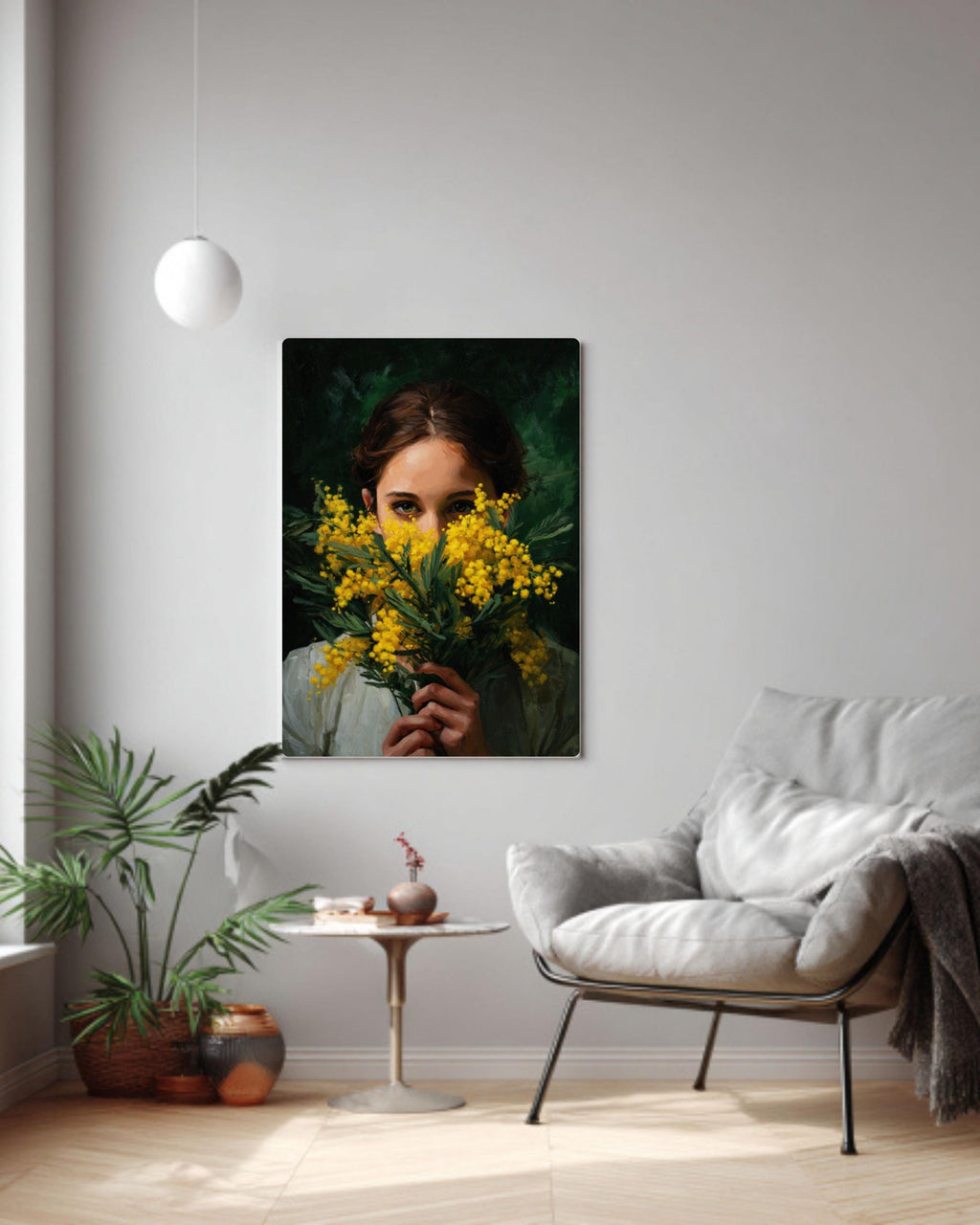 Mimosa Flower Woman Portrait Wall Art | Dark Botanical Canvas Print