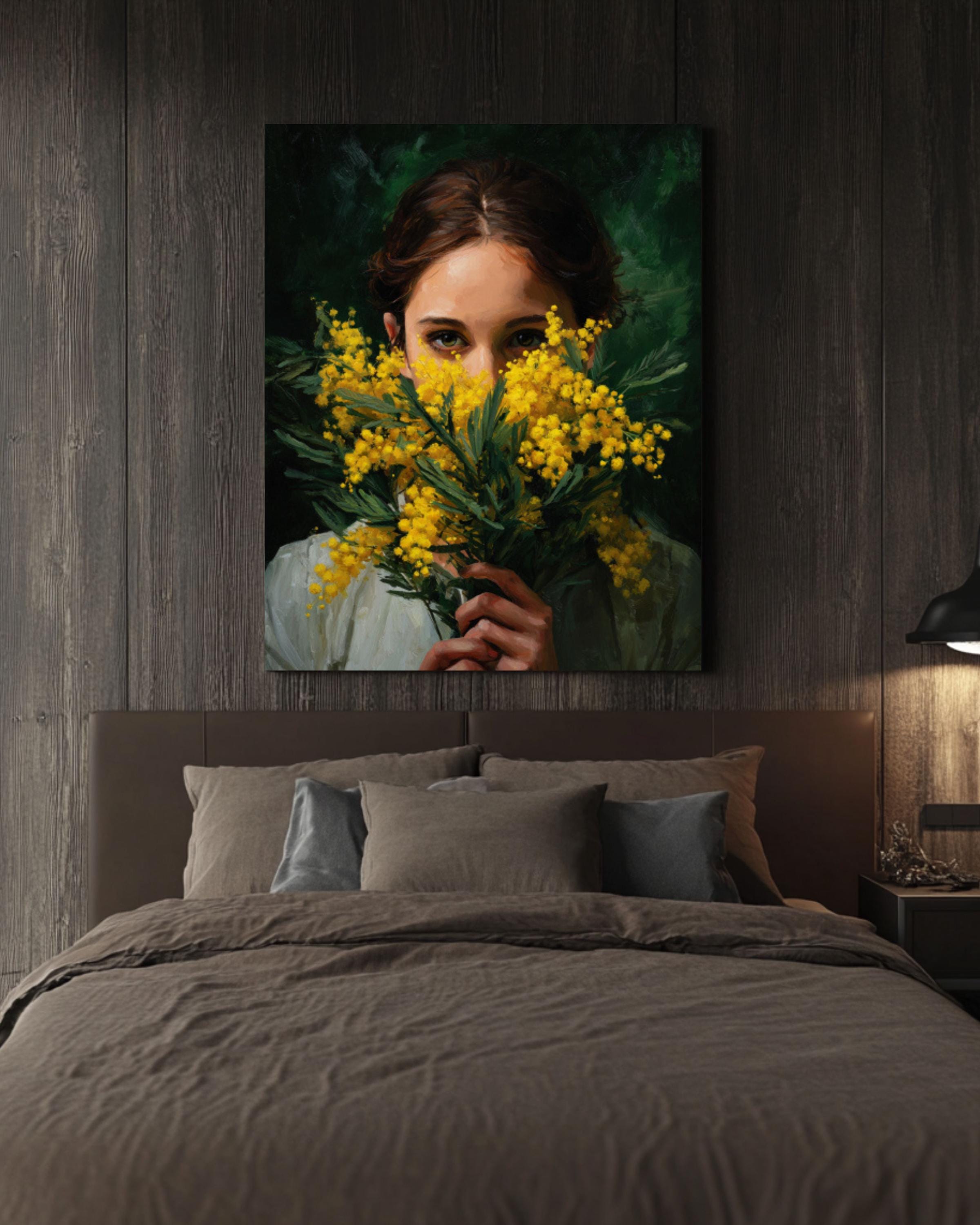 Mimosa Flower Woman Portrait Wall Art | Dark Botanical Canvas Print