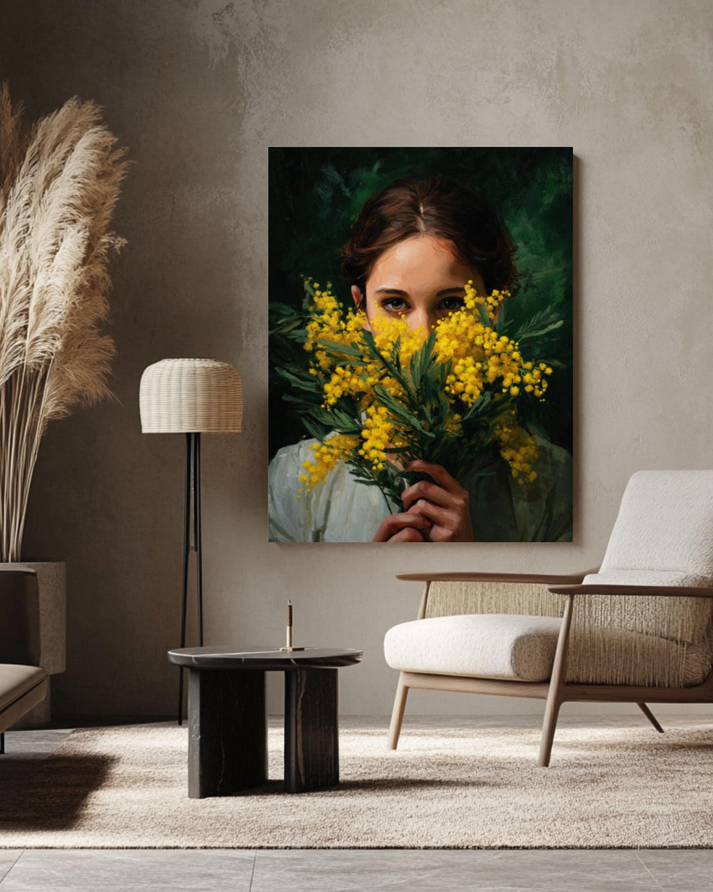Mimosa Flower Woman Portrait Wall Art | Dark Botanical Canvas Print