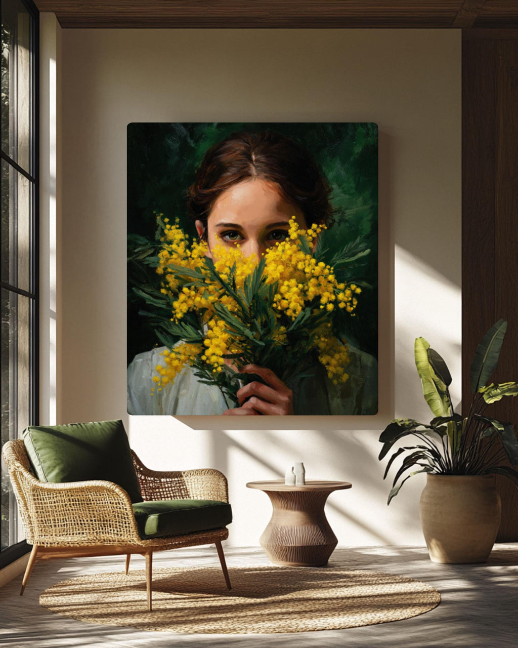 Mimosa Flower Woman Portrait: Dark Green Botanical Art - Canvas or Poster for home and office wall décor