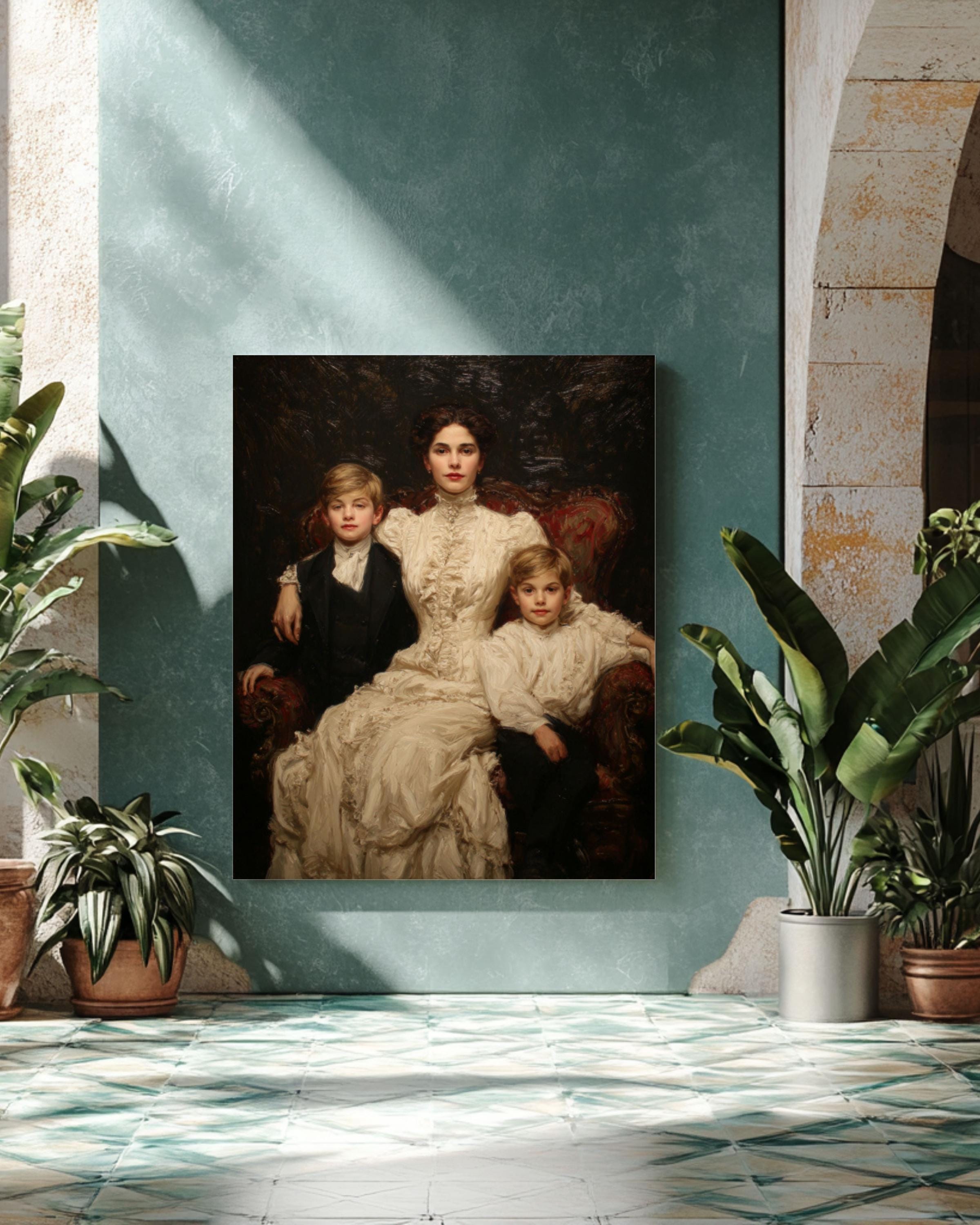 Mother and Sons Portrait Wall Art | Victorian Impressionist Canvas Print