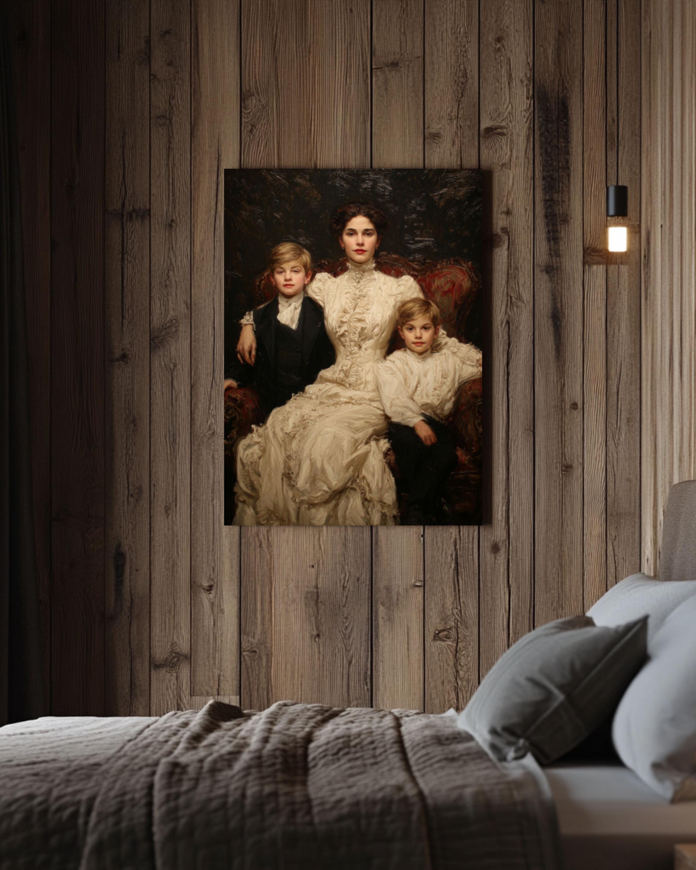 Mother and Sons Portrait Wall Art | Victorian Impressionist Canvas Print