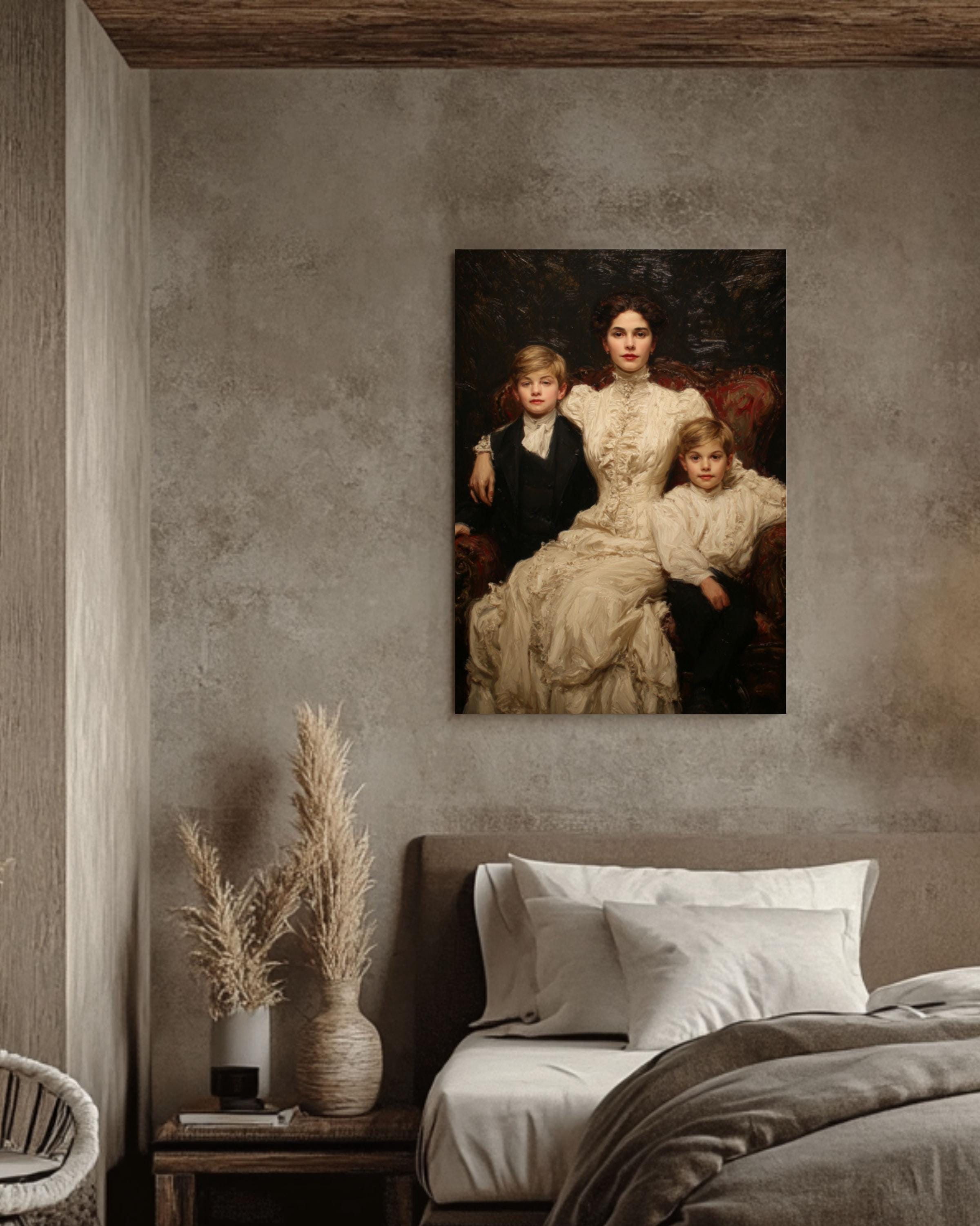 Mother and Sons Portrait Wall Art | Victorian Impressionist Canvas Print