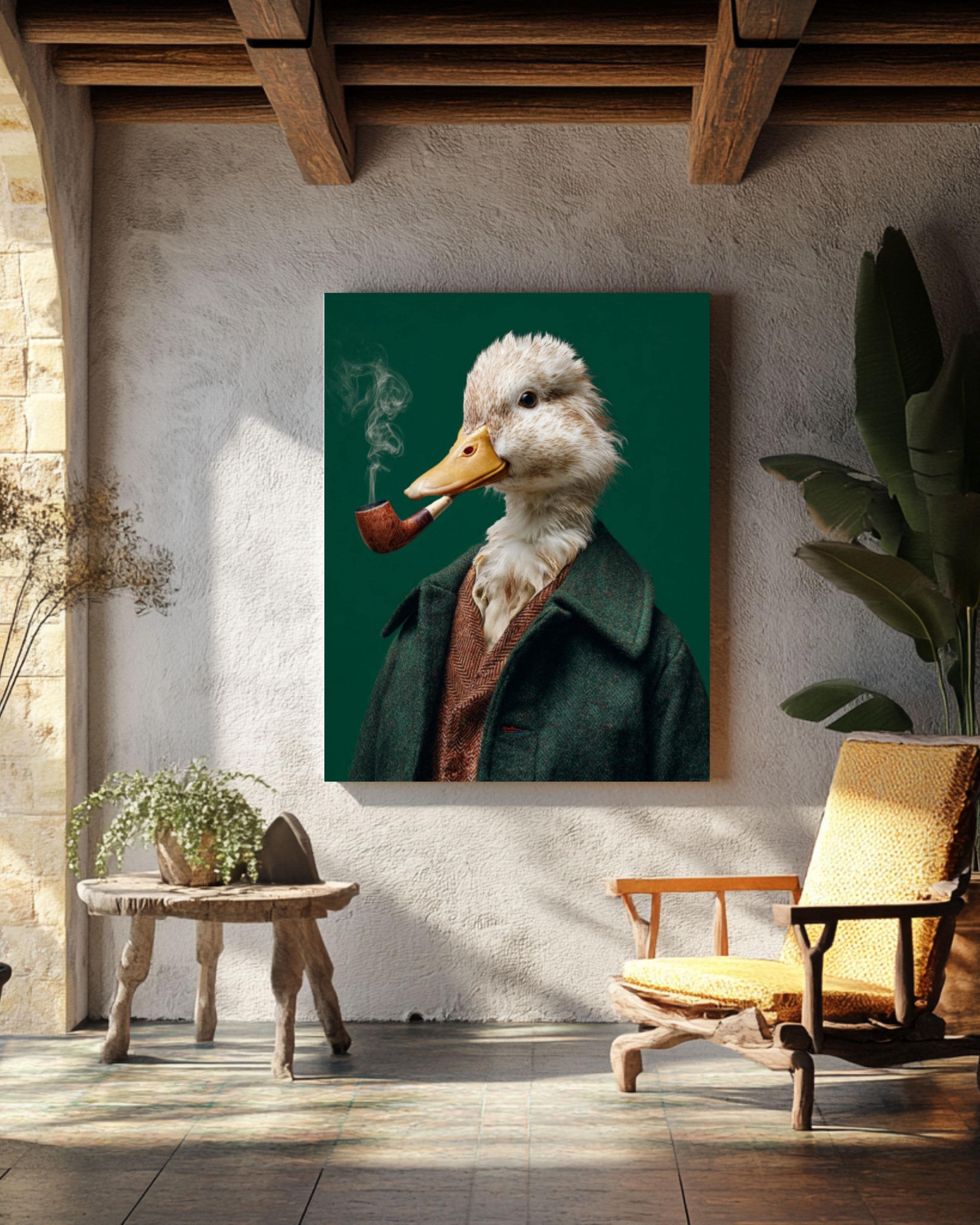 Smoking Duck Portrait Wall Art | Quirky Green Modern Canvas Decor