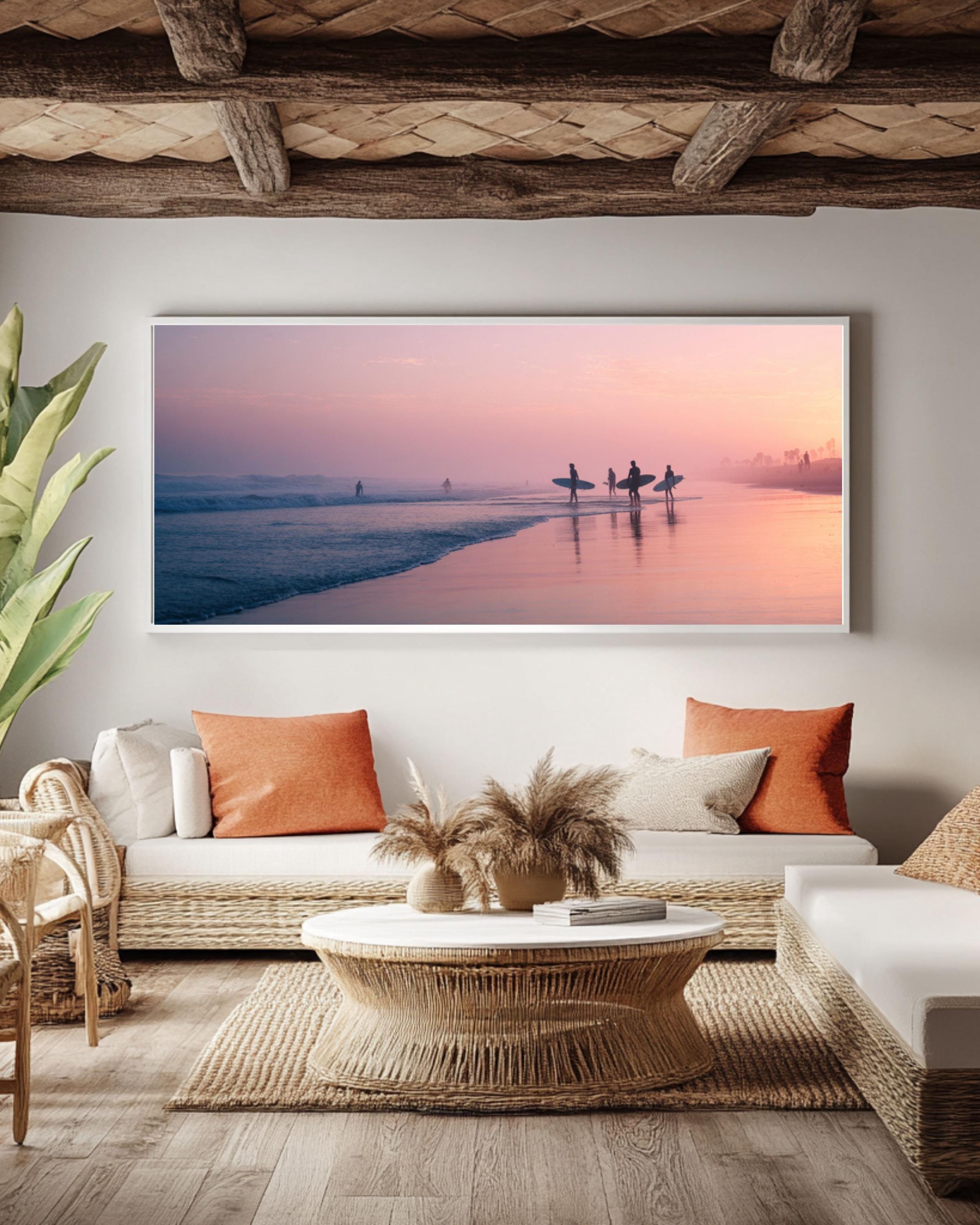 Pastel Beach Sunrise Wall Art | Surfers at Dawn Coastal Canvas Print