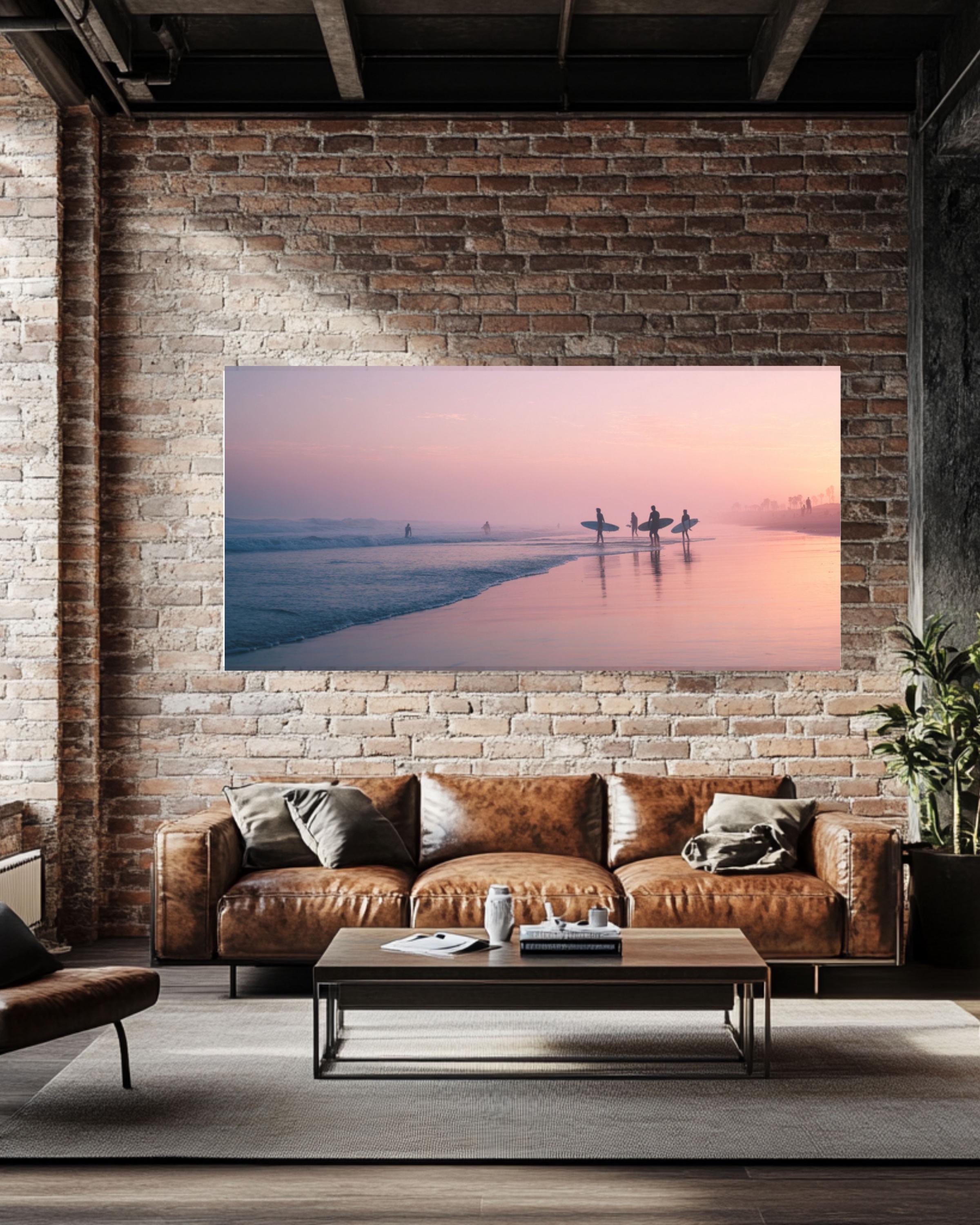 Pastel Beach Sunrise Wall Art | Surfers at Dawn Coastal Canvas Print