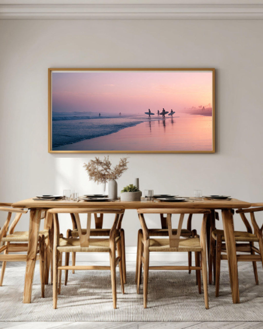 Pastel Beach Sunrise Wall Art | Surfers at Dawn Coastal Canvas Print