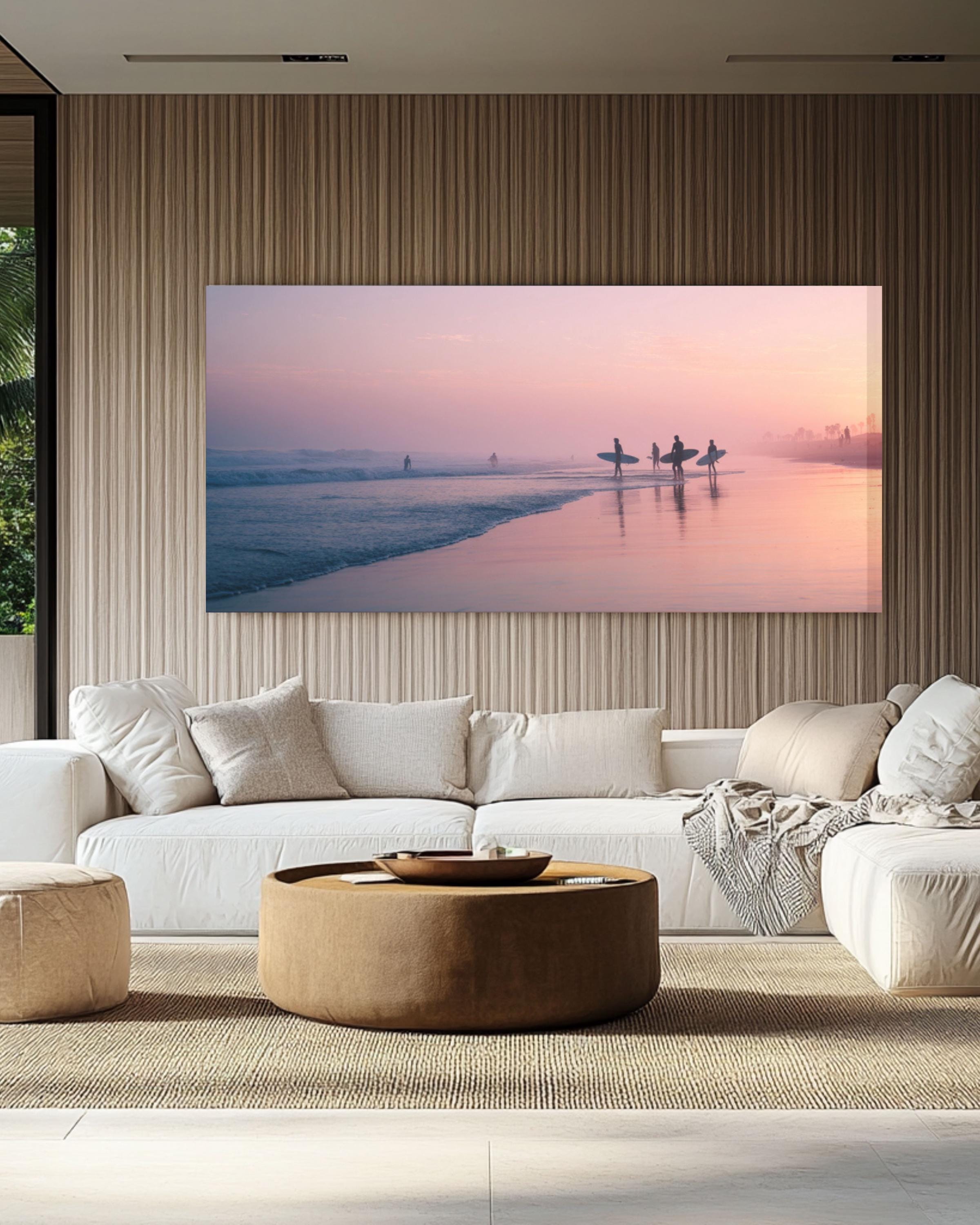 Pastel Beach Sunrise Canvas Art: Surfers at Dawn - Coastal Wall Decor for home and office wall décor