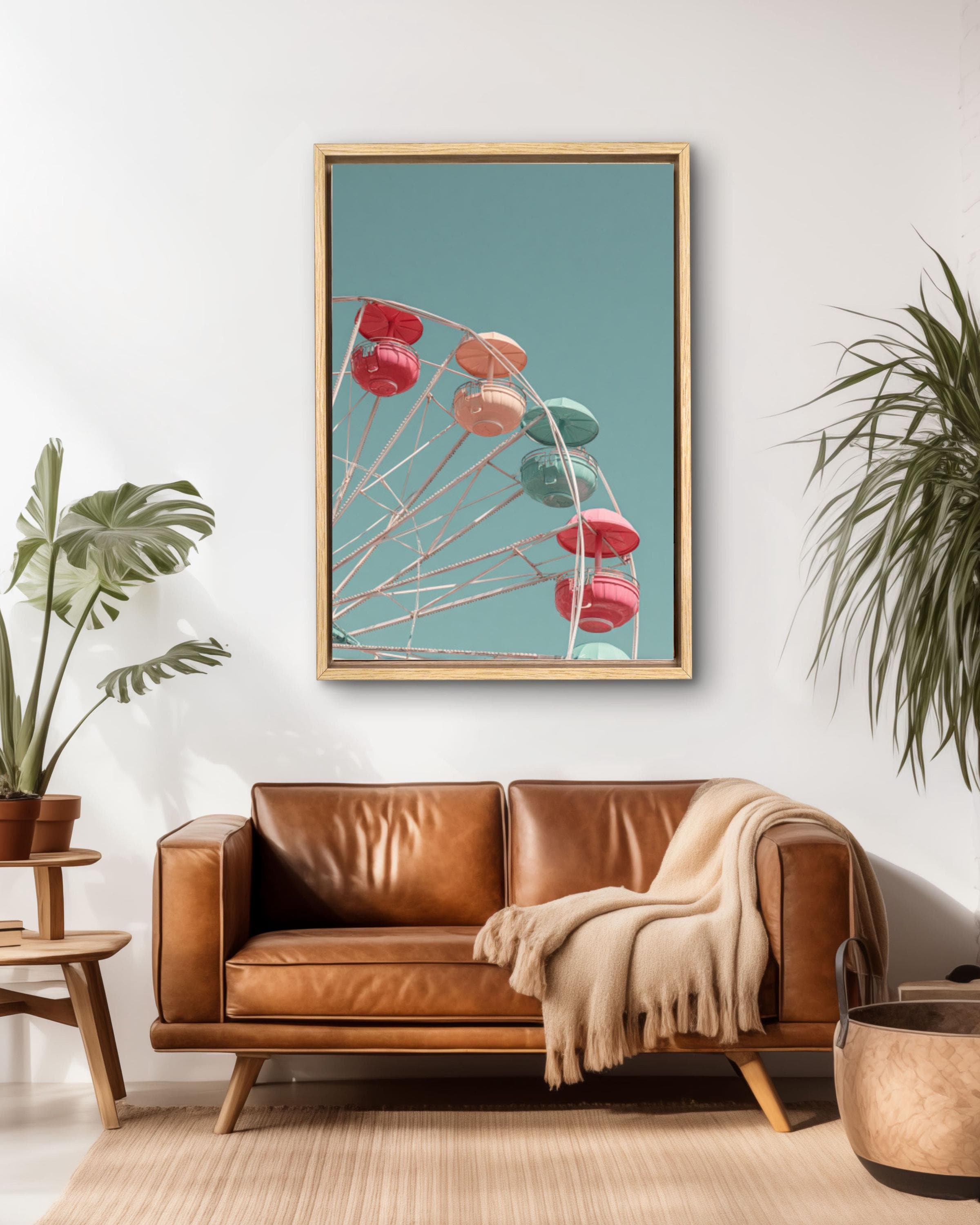 Pastel Ferris Wheel Wall Art | Minimalist Blue Sky Canvas Print