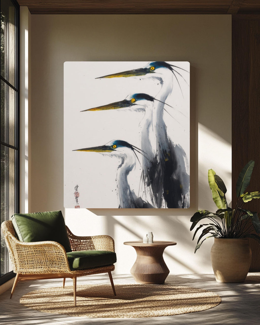 Blue Herons Wall Art | Minimalist Chinese Ink Painting Canvas Print