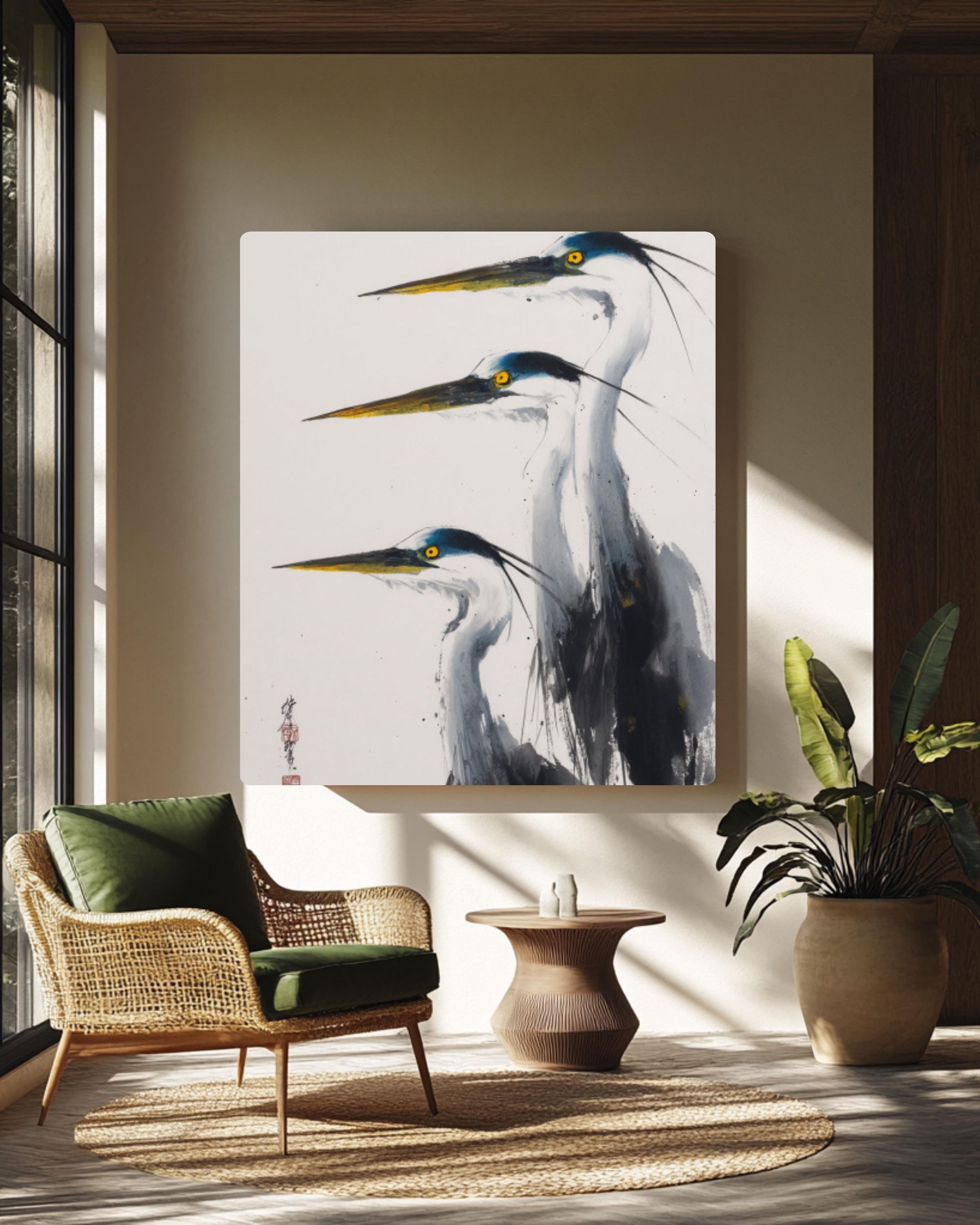 Blue Herons Wall Art | Minimalist Chinese Ink Painting Canvas Print