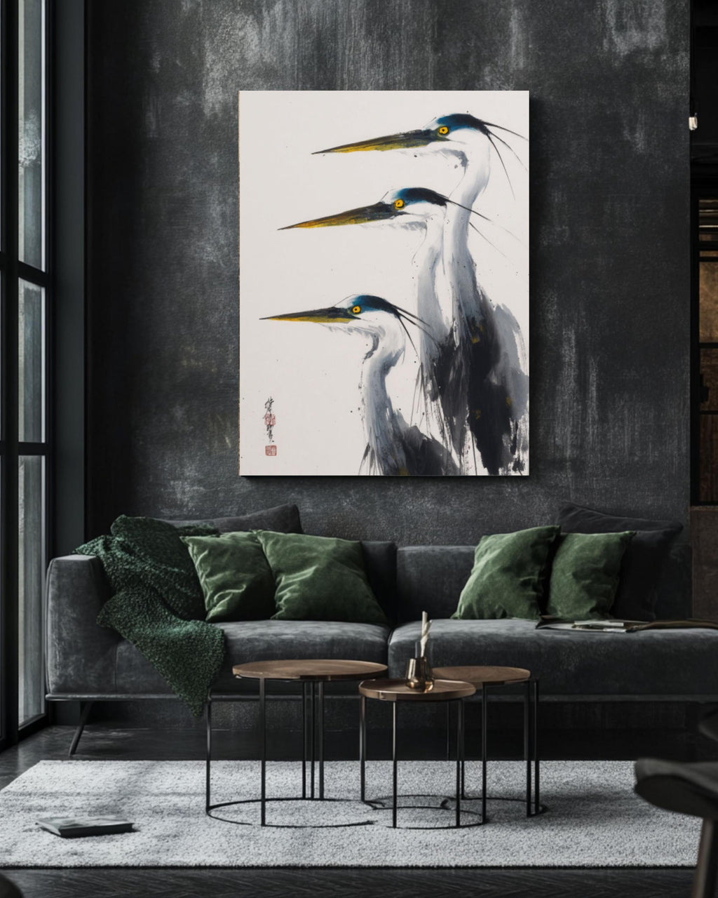Blue Herons Wall Art | Minimalist Chinese Ink Painting Canvas Print