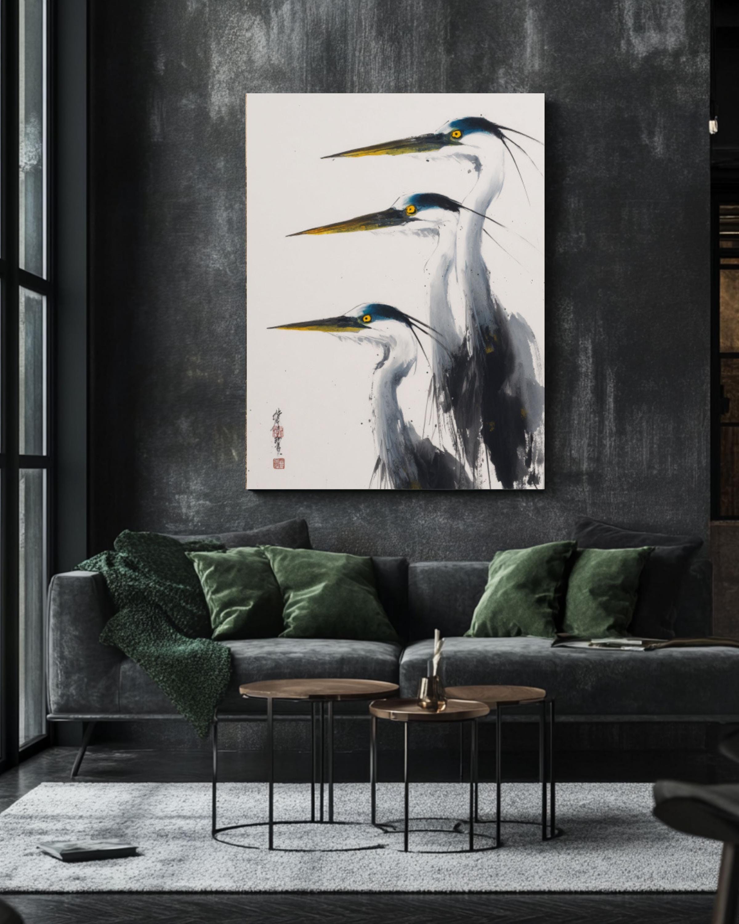 Blue Herons Wall Art | Minimalist Chinese Ink Painting Canvas Print