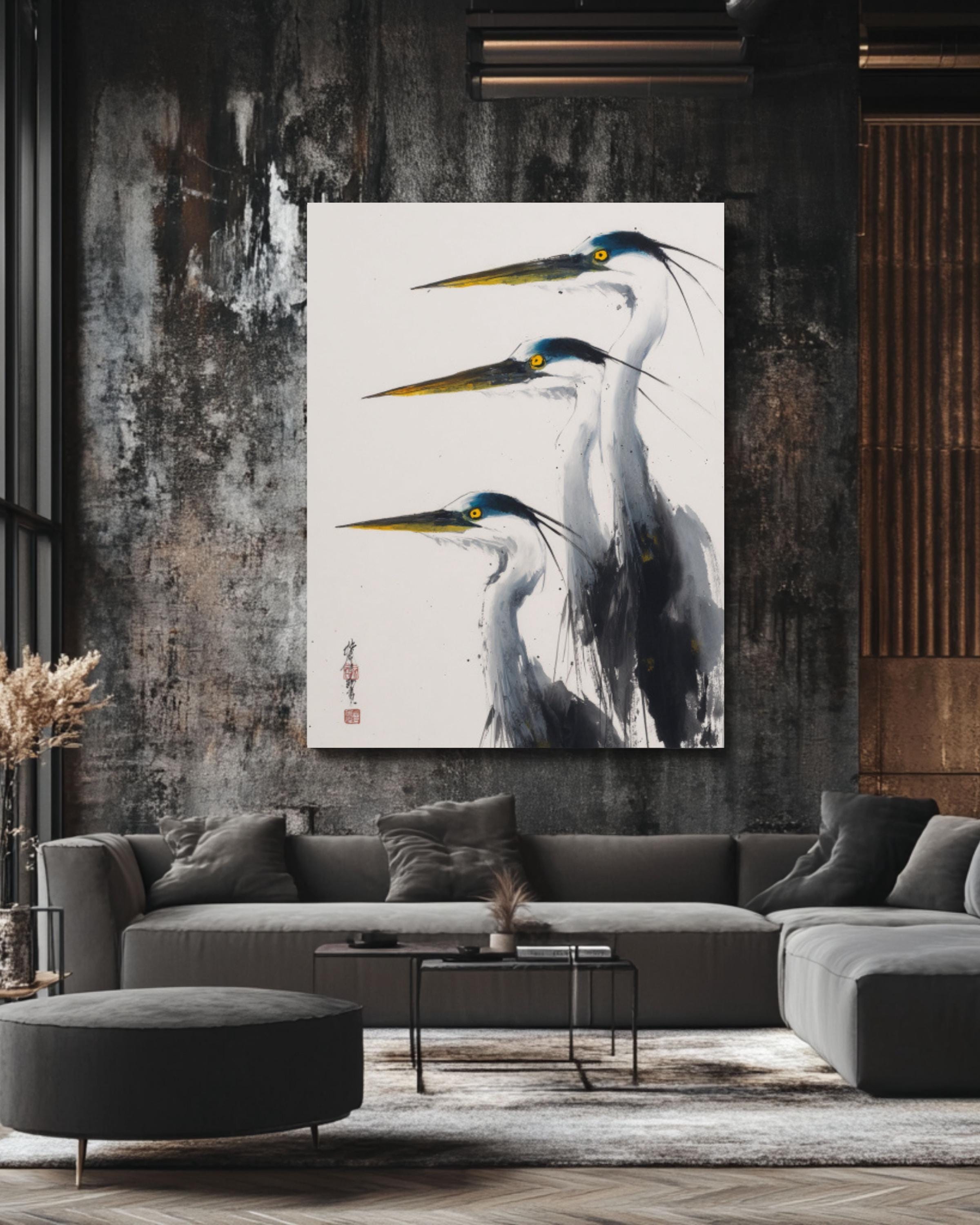 Blue Herons Wall Art | Minimalist Chinese Ink Painting Canvas Print