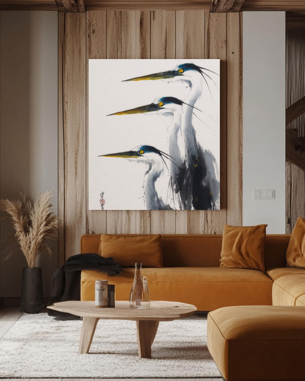 Blue Herons Wall Art | Minimalist Chinese Ink Painting Canvas Print