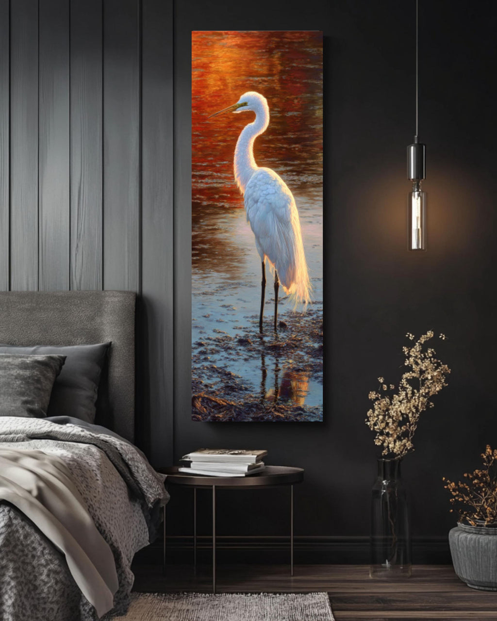 White Crane Golden Hour Wall Art | Serene Bird Oil Painting Canvas